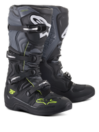 Stivali Alpinestars Tech 5, stivali da motocross e off-road, nero, grigio freddo e giallo fluo, sistema di chiusura a quattro fibbie, loghi bianchi sulla tibia e accenti giallo neon, struttura in microfibra resistente per prestazioni off-road