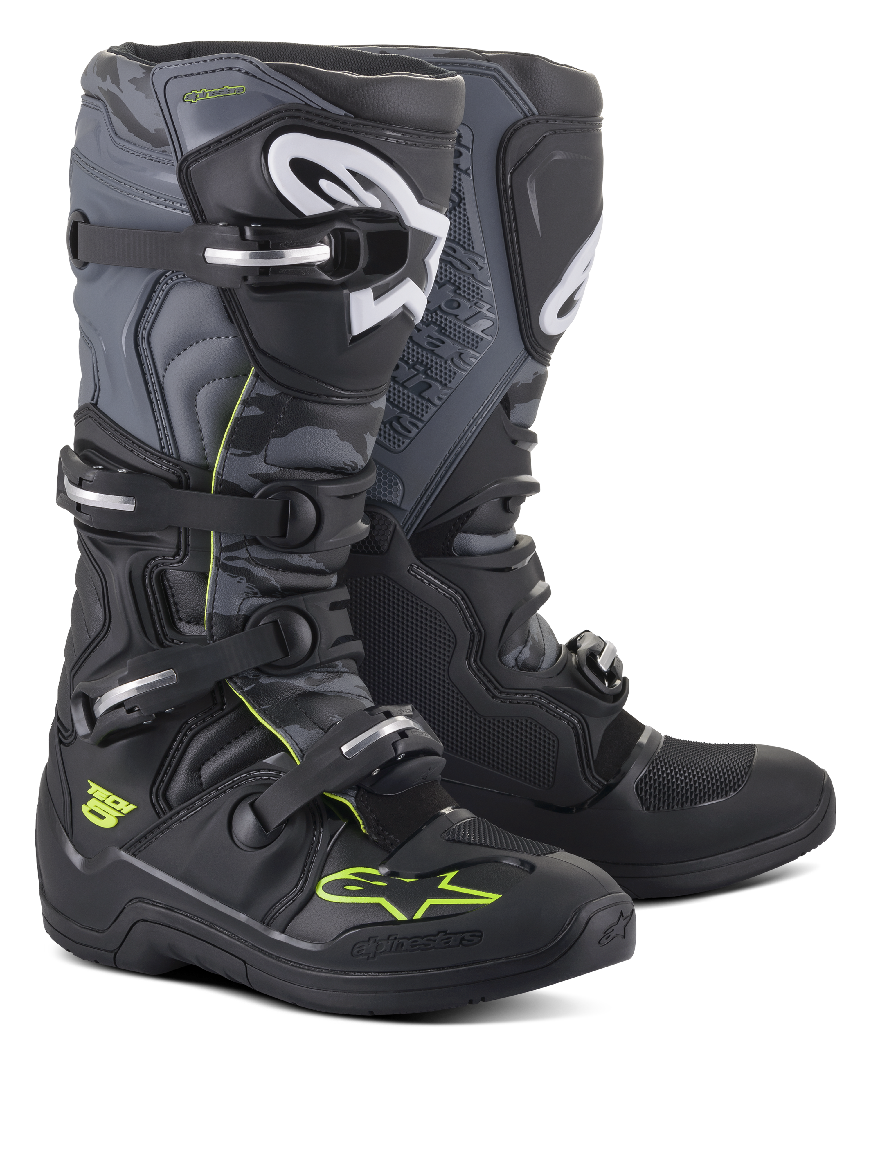 Stivali Alpinestars Tech 5, stivali da motocross e off-road, nero, grigio freddo e giallo fluo, sistema di chiusura a quattro fibbie, loghi bianchi sulla tibia e accenti giallo neon, struttura in microfibra resistente per prestazioni off-road