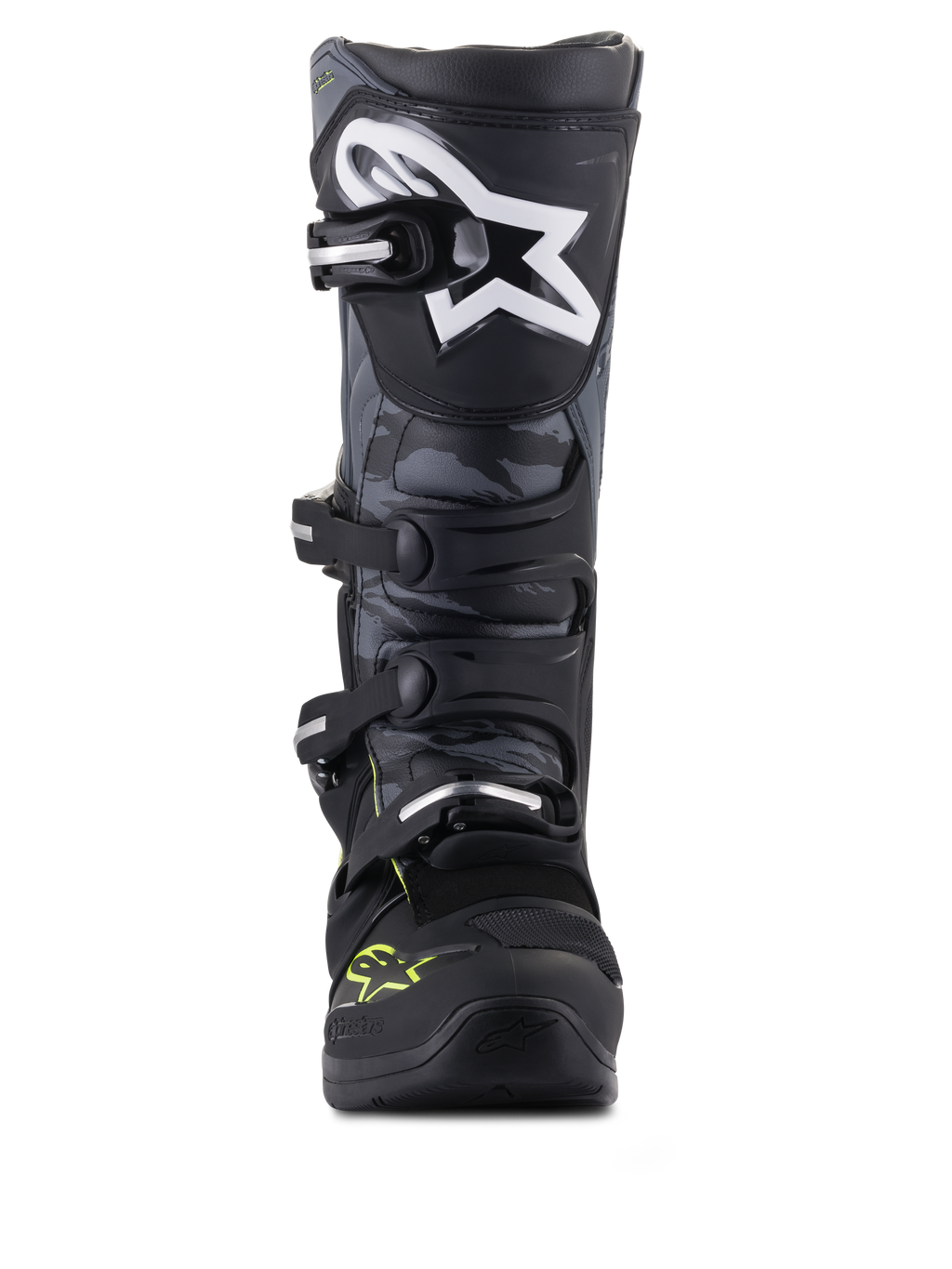 Alpinestars stivali Tech 5, stivali da motocross, nero e grigio con giallo fluo, vista frontale con pannelli camo e logo a stella