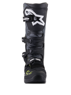 Alpinestars stivali Tech 5, stivali da motocross, nero e grigio con giallo fluo, vista frontale con pannelli camo e logo a stella