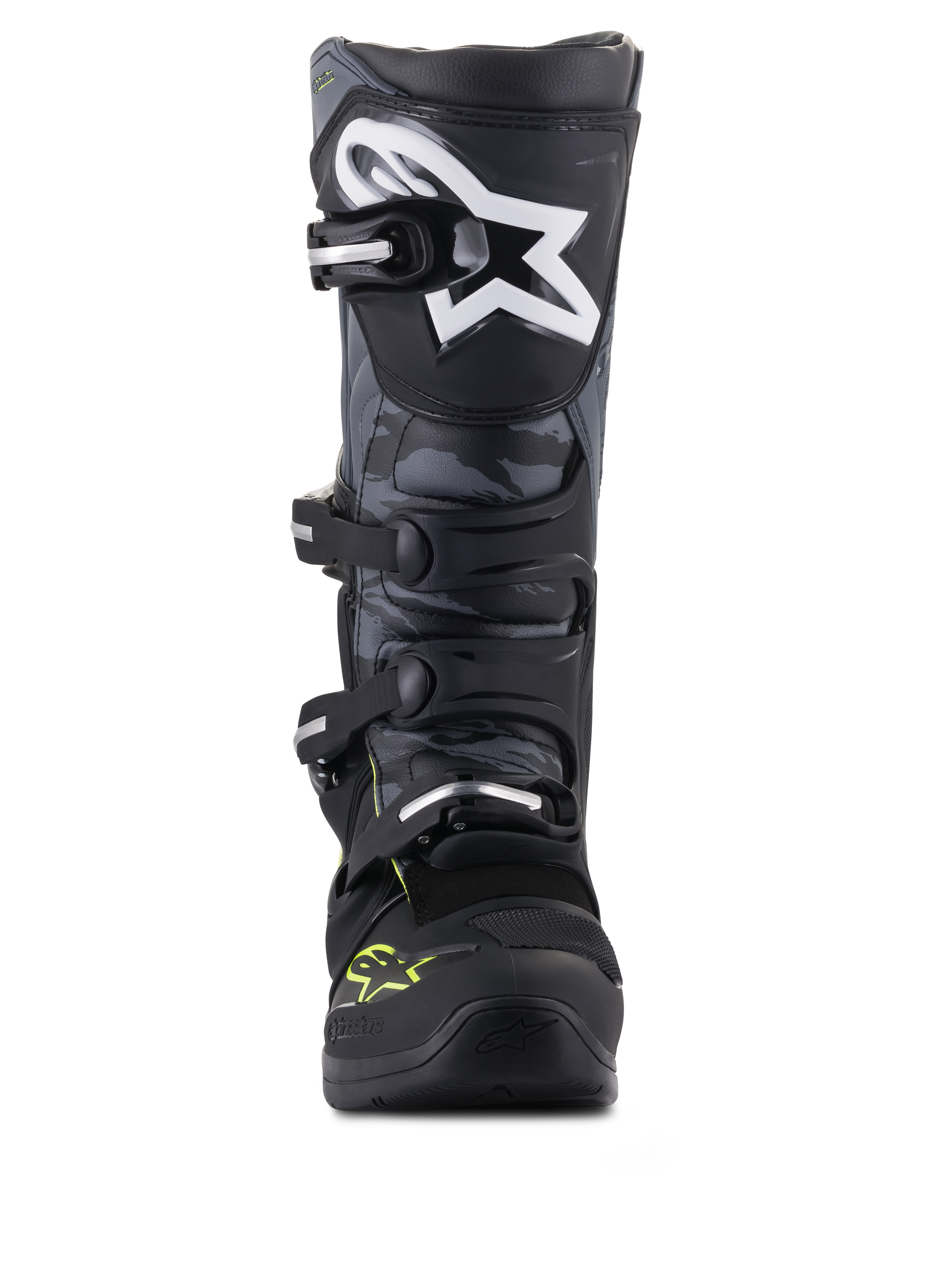 Alpinestars stivali Tech 5, stivali da motocross, nero e grigio con giallo fluo, vista frontale con pannelli camo e logo a stella