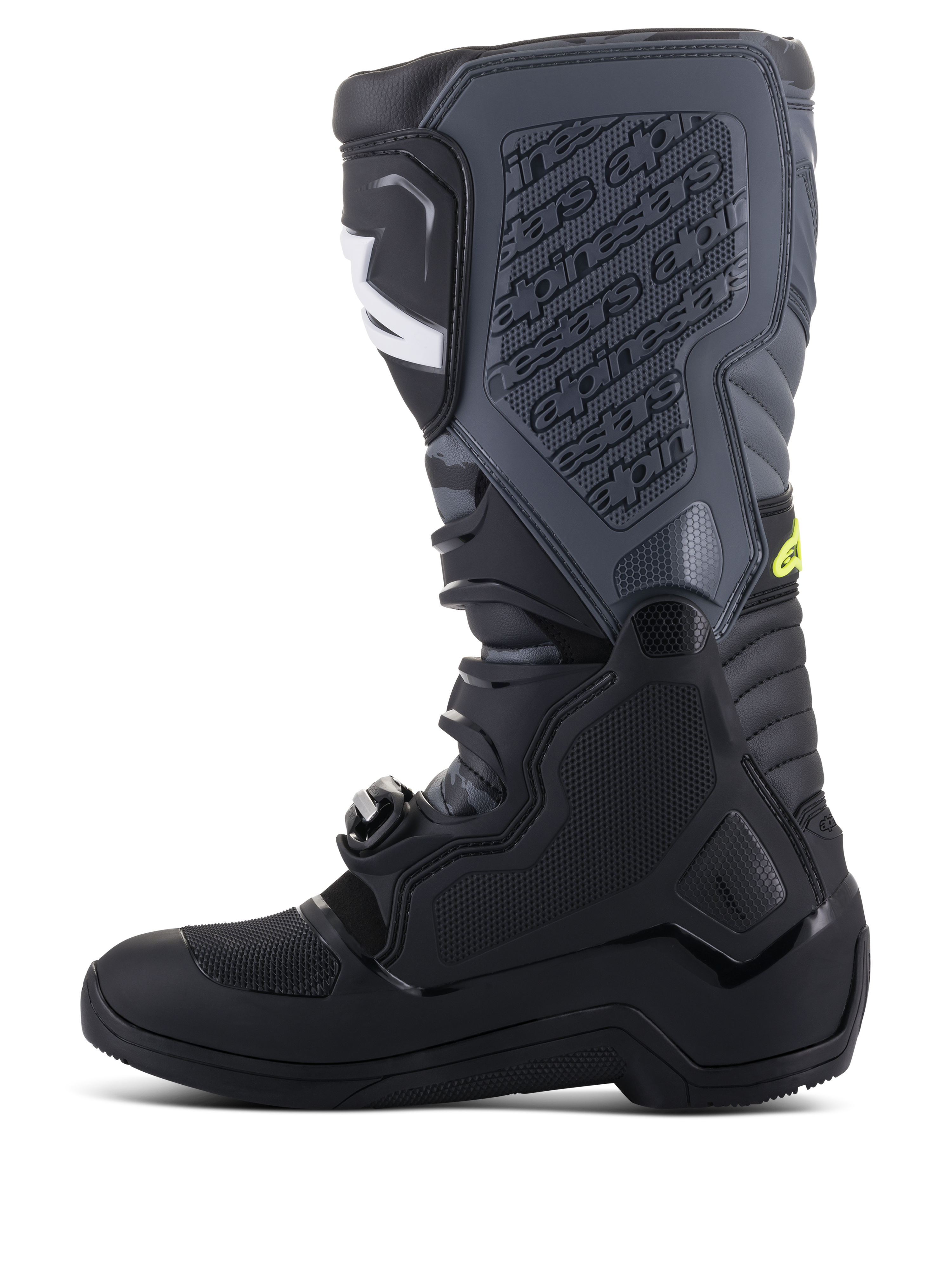 Stivali Alpinestars Tech 5, stivali da motocross, nero e grigio freddo con accenti giallo fluo, profilo laterale che mostra la struttura alta multi-pannello, sistema di chiusura con fibbie e piastra tibiale testurizzata con logo in rilievo, calzature da gara off-road