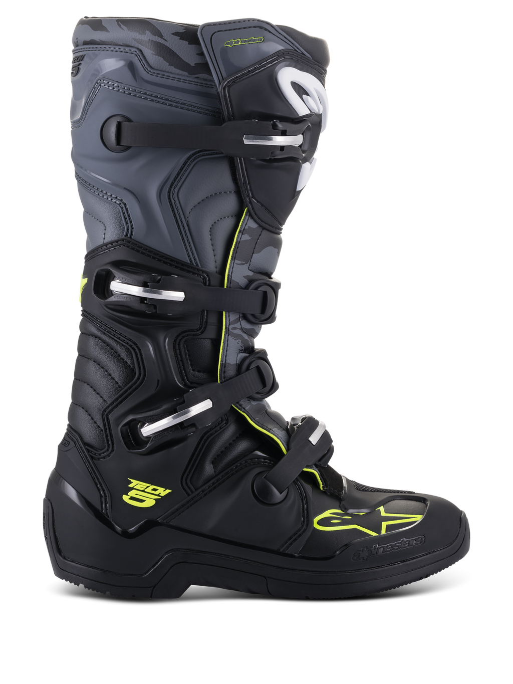 Stivali Alpinestars Tech 5, stivali da motocross e fuoristrada, vista laterale, nero e grigio freddo con accenti giallo fluo, motivo camouflage, fibbie regolabili e suola protettiva robusta