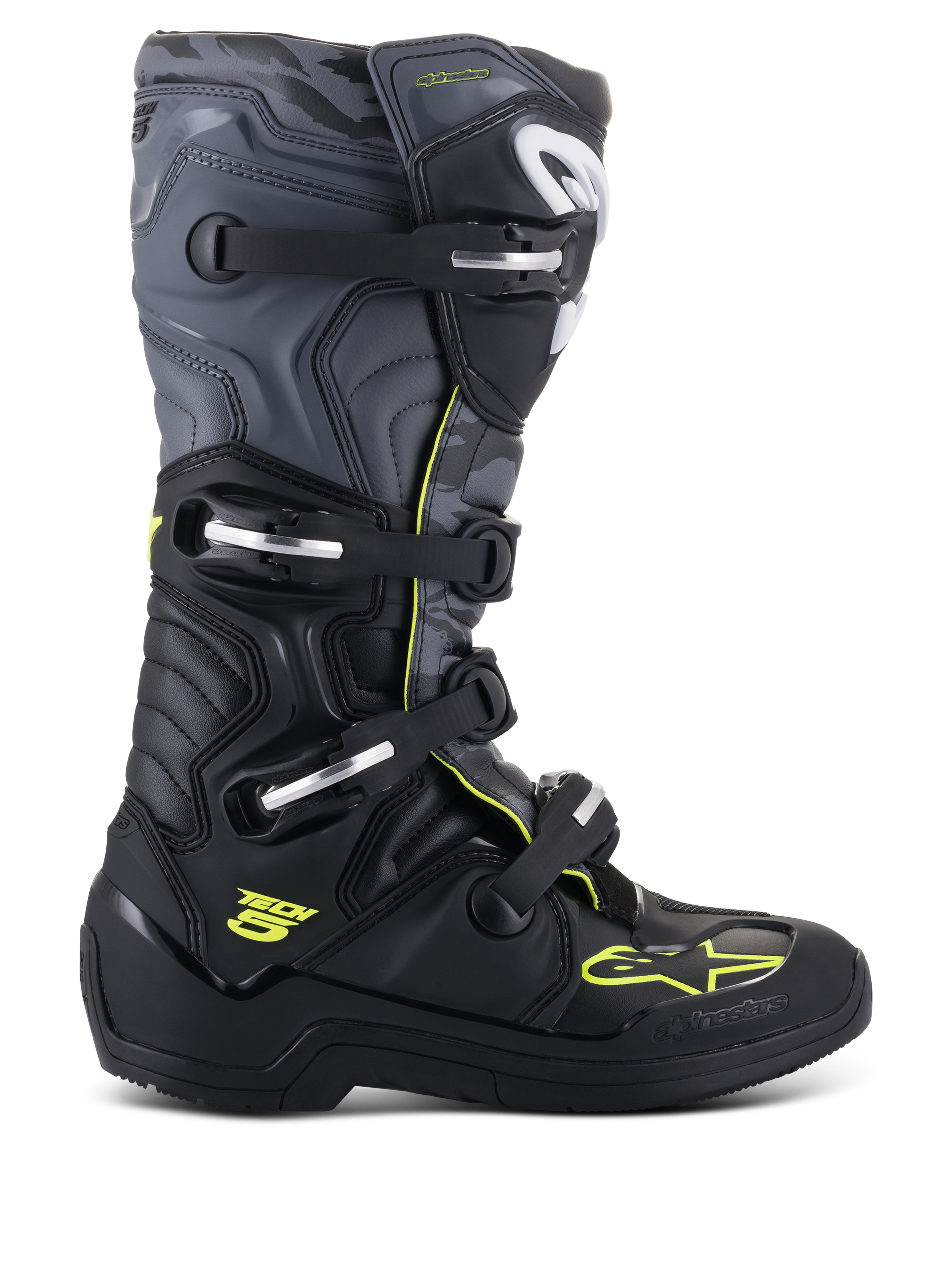 Stivali Alpinestars Tech 5, stivali da motocross e fuoristrada, vista laterale, nero e grigio freddo con accenti giallo fluo, motivo camouflage, fibbie regolabili e suola protettiva robusta