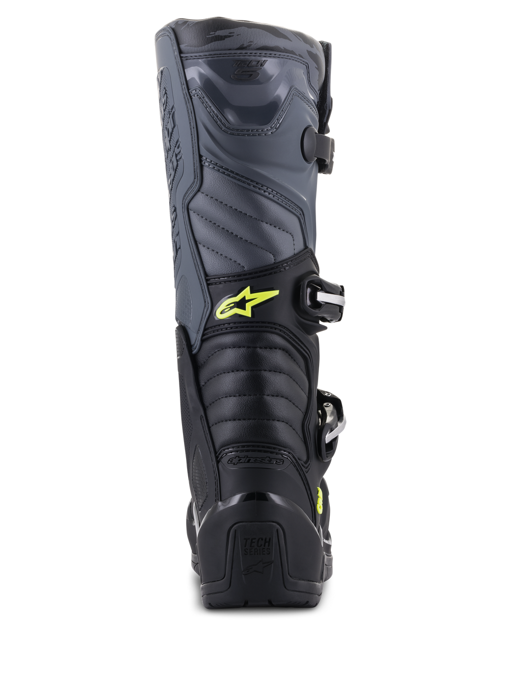 Alpinestars Stivali Tech 5, stivali da motocross, nero, grigio e giallo fluo, vista posteriore con zone di flessione a soffietto e protezione del tallone, con logo Astars giallo e branding Tech Series in rilievo, costruzione multi-materiale resistente per prestazioni fuoristrada