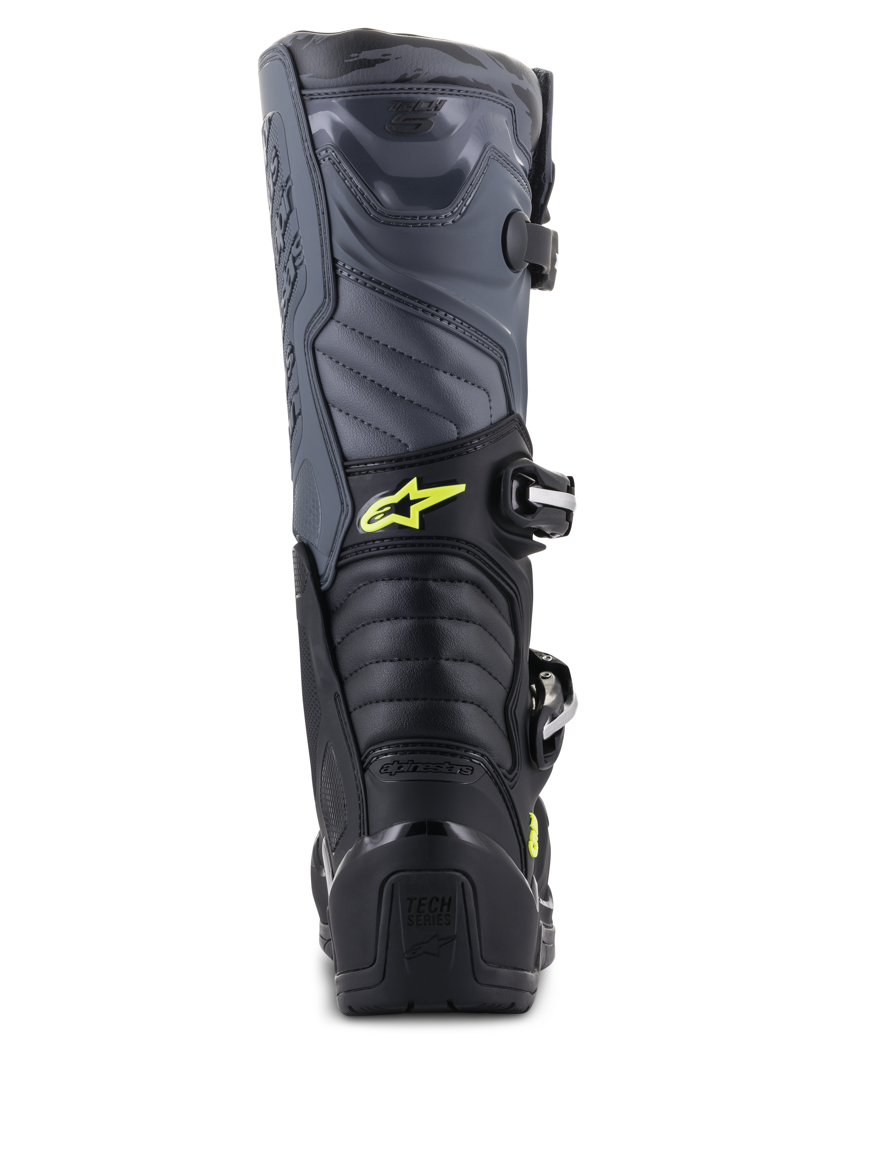 Alpinestars Stivali Tech 5, stivali da motocross, nero, grigio e giallo fluo, vista posteriore con zone di flessione a soffietto e protezione del tallone, con logo Astars giallo e branding Tech Series in rilievo, costruzione multi-materiale resistente per prestazioni fuoristrada