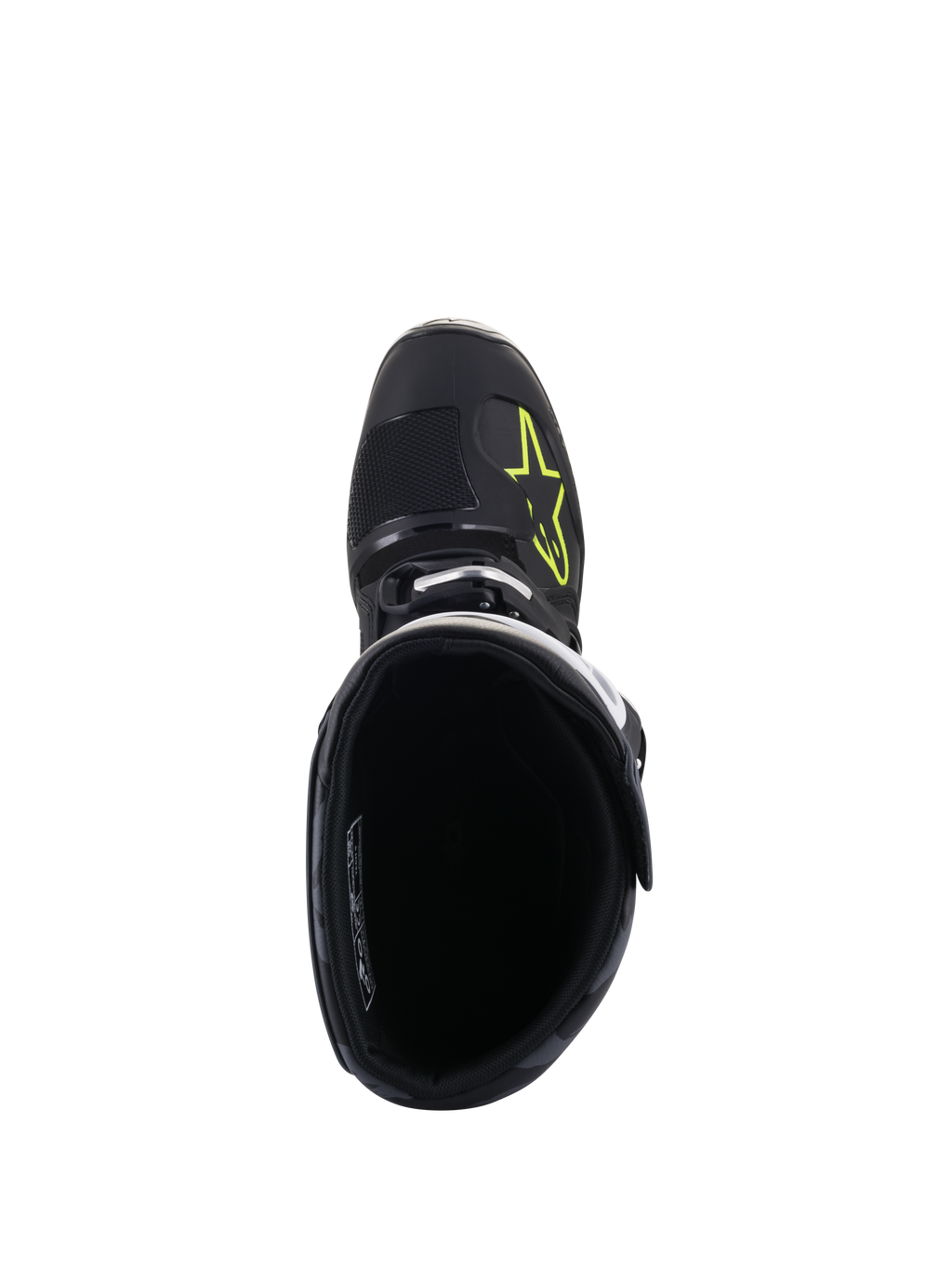 Stivali Alpinestars Tech 5, vista dall'alto, neri con logo giallo fluo sulla punta, mostra la fodera interna e la chiusura a fibbia, calzature da motocross e fuoristrada ad alte prestazioni