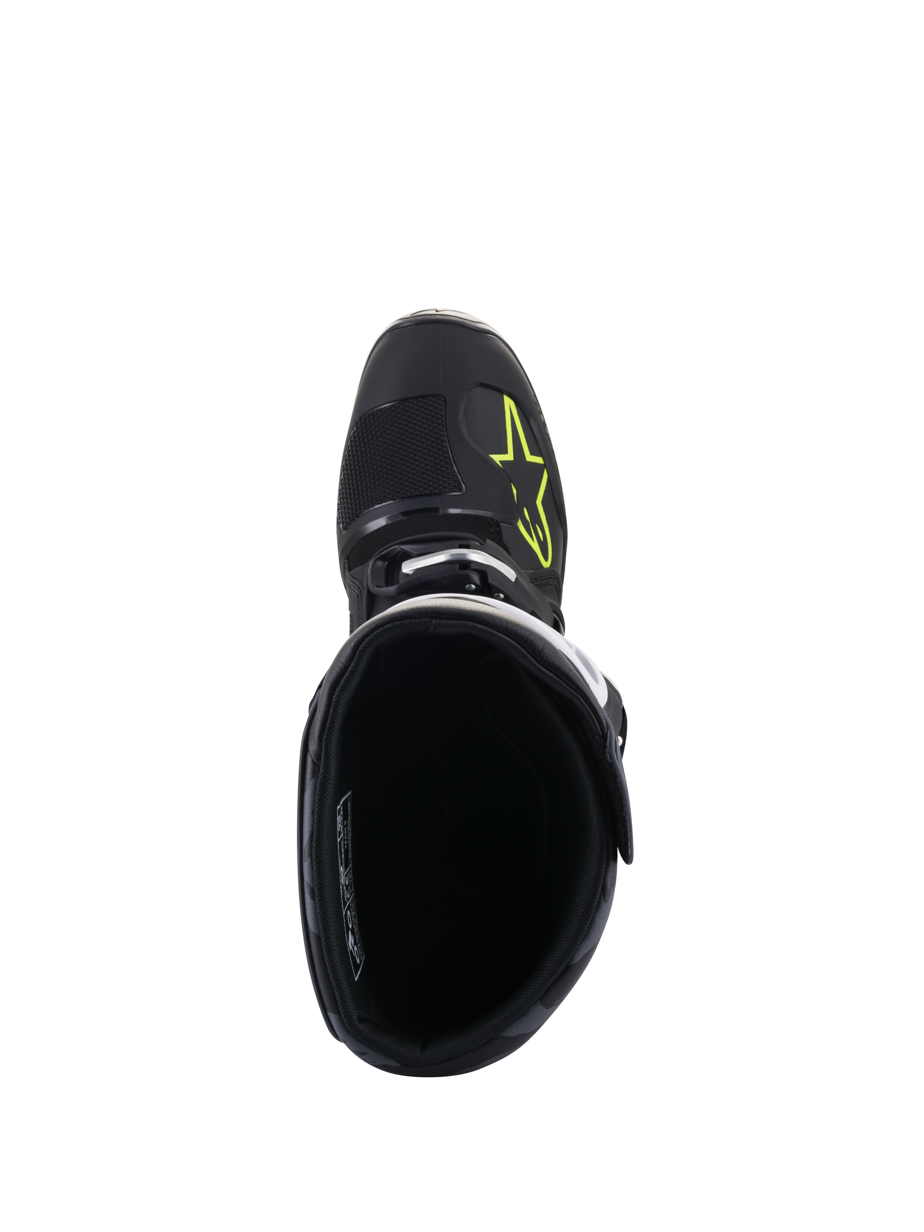Stivali Alpinestars Tech 5, vista dall'alto, neri con logo giallo fluo sulla punta, mostra la fodera interna e la chiusura a fibbia, calzature da motocross e fuoristrada ad alte prestazioni