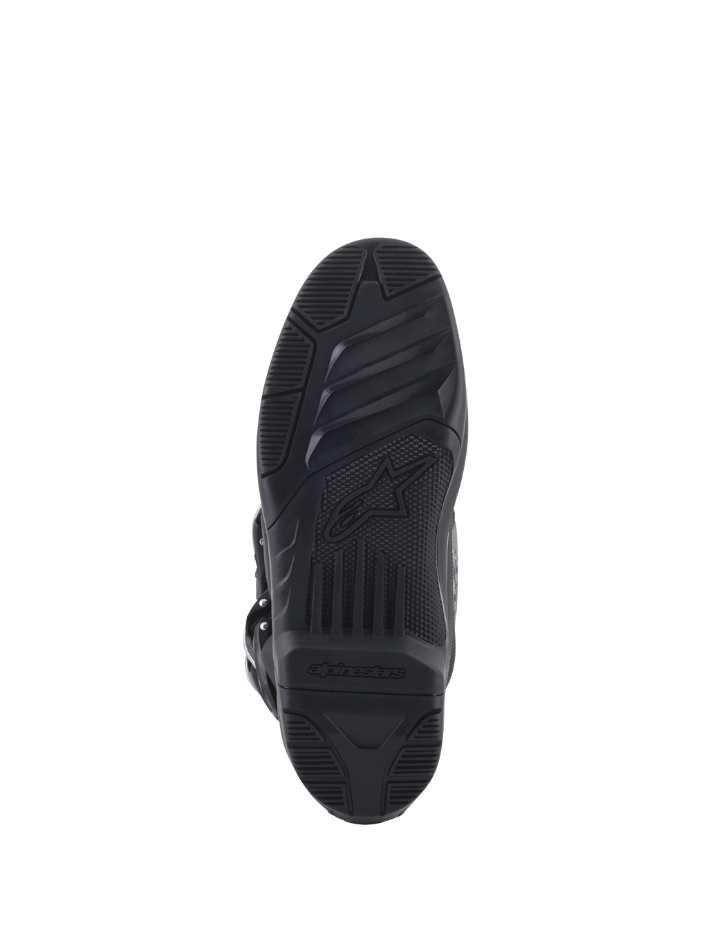 Stivali Alpinestars Tech 5, vista inferiore della suola, gomma nera con motivi di aderenza testurizzati, con logo a stella e marchio Alpinestars, design resistente per trazione motocross e off-road