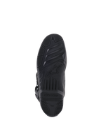 Stivali Alpinestars Tech 5, vista inferiore della suola, gomma nera con motivi di aderenza testurizzati, con logo a stella e marchio Alpinestars, design resistente per trazione motocross e off-road