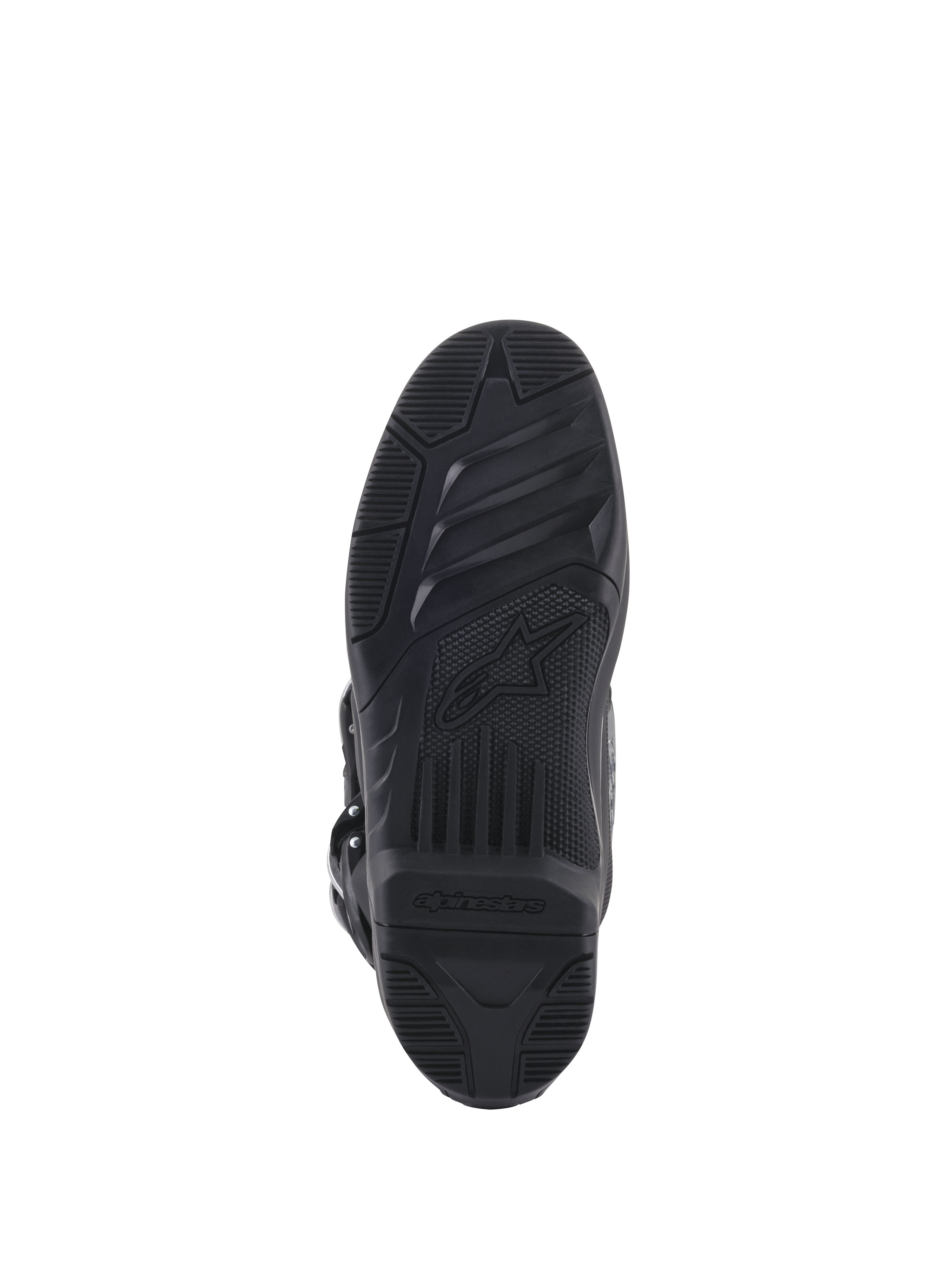 Stivali Alpinestars Tech 5, vista inferiore della suola, gomma nera con motivi di aderenza testurizzati, con logo a stella e marchio Alpinestars, design resistente per trazione motocross e off-road