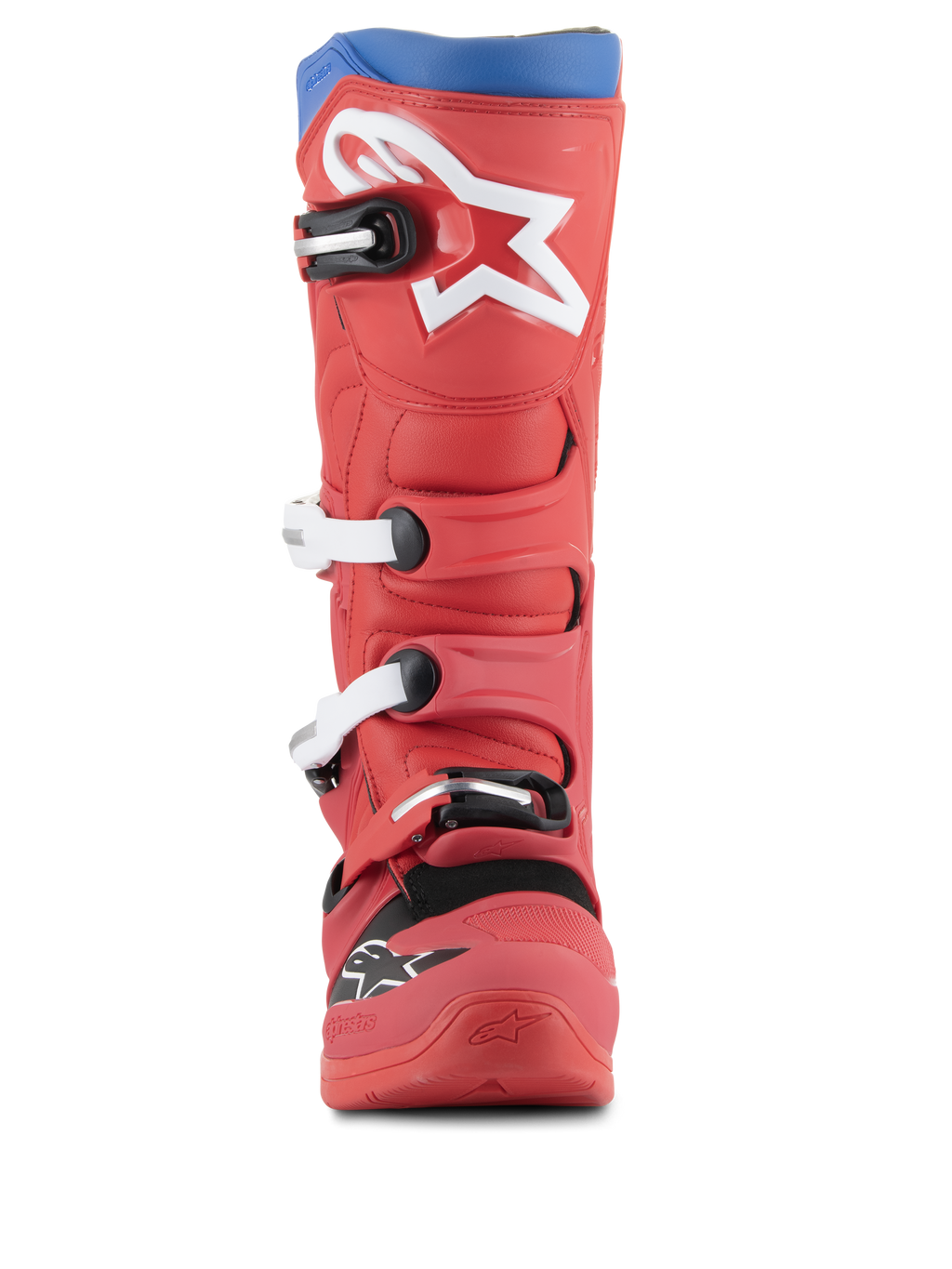 Alpinestars Tech 5 Boots, stivali da motocross, rosso vivace e blu alpino, vista frontale con grande logo a stella bianco sullo stinco, sistema di chiusura a fibbie multiple e robusto design in microfibra per prestazioni fuoristrada