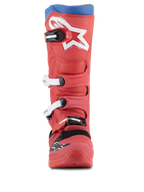 Alpinestars Tech 5 Boots, stivali da motocross, rosso vivace e blu alpino, vista frontale con grande logo a stella bianco sullo stinco, sistema di chiusura a fibbie multiple e robusto design in microfibra per prestazioni fuoristrada