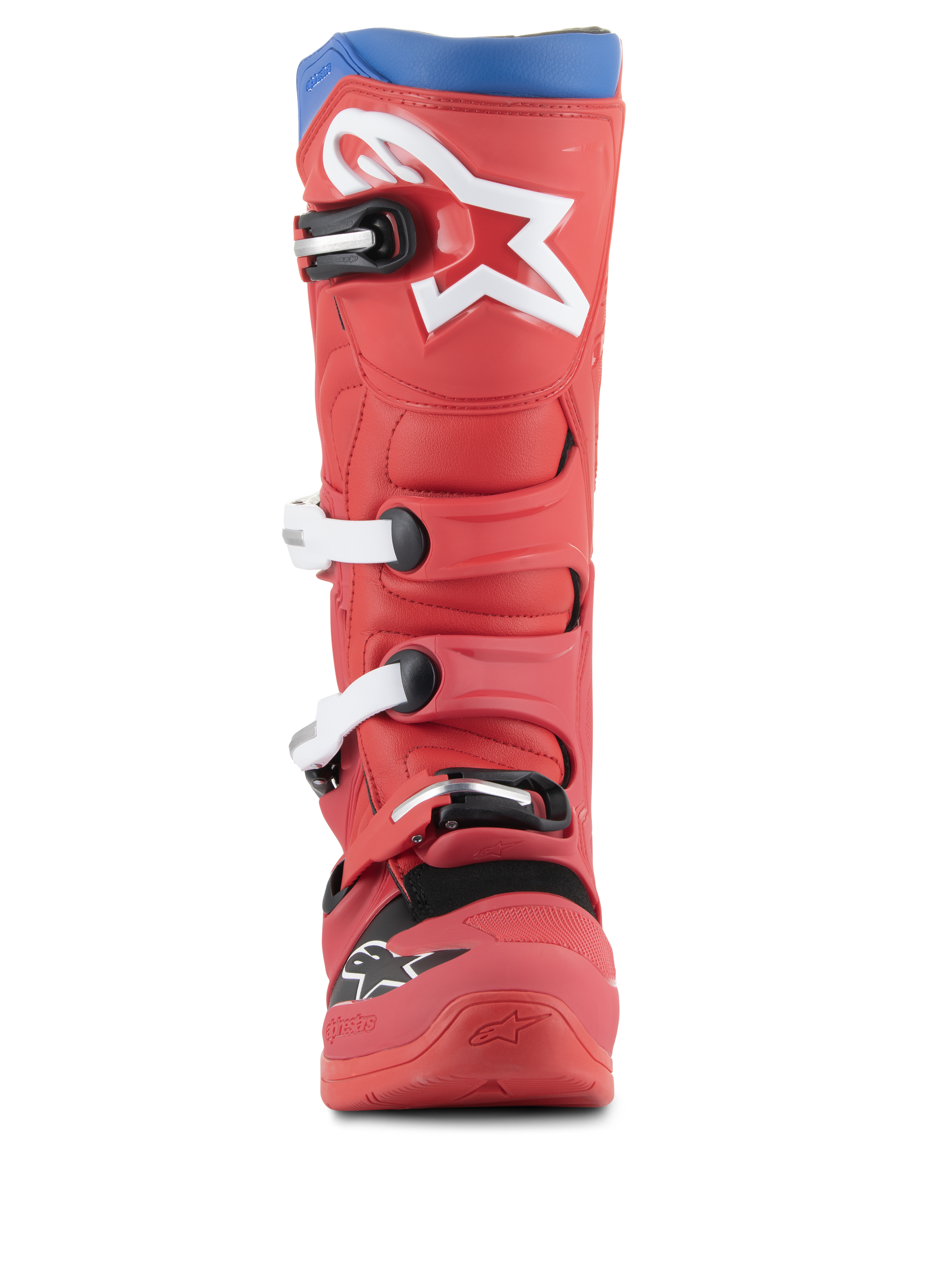 Alpinestars Tech 5 Boots, stivali da motocross, rosso vivace e blu alpino, vista frontale con grande logo a stella bianco sullo stinco, sistema di chiusura a fibbie multiple e robusto design in microfibra per prestazioni fuoristrada