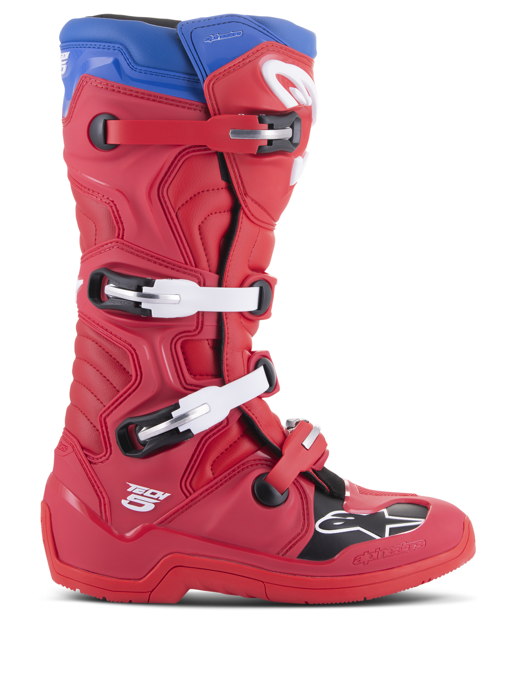 Stivali Alpinestars Tech 5, stivali da motocross, rosso acceso e blu alpino, profilo laterale con sistema di chiusura a quattro fibbie, punta rinforzata con pannello nero e logo bianco, telaio in microfibra resistente per protezione fuoristrada