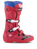 Stivali Alpinestars Tech 5, stivali da motocross, rosso acceso e blu alpino, profilo laterale con sistema di chiusura a quattro fibbie, punta rinforzata con pannello nero e logo bianco, telaio in microfibra resistente per protezione fuoristrada
