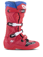 Stivali Alpinestars Tech 5, stivali da motocross, rosso acceso e blu alpino, profilo laterale con sistema di chiusura a quattro fibbie, punta rinforzata con pannello nero e logo bianco, telaio in microfibra resistente per protezione fuoristrada
