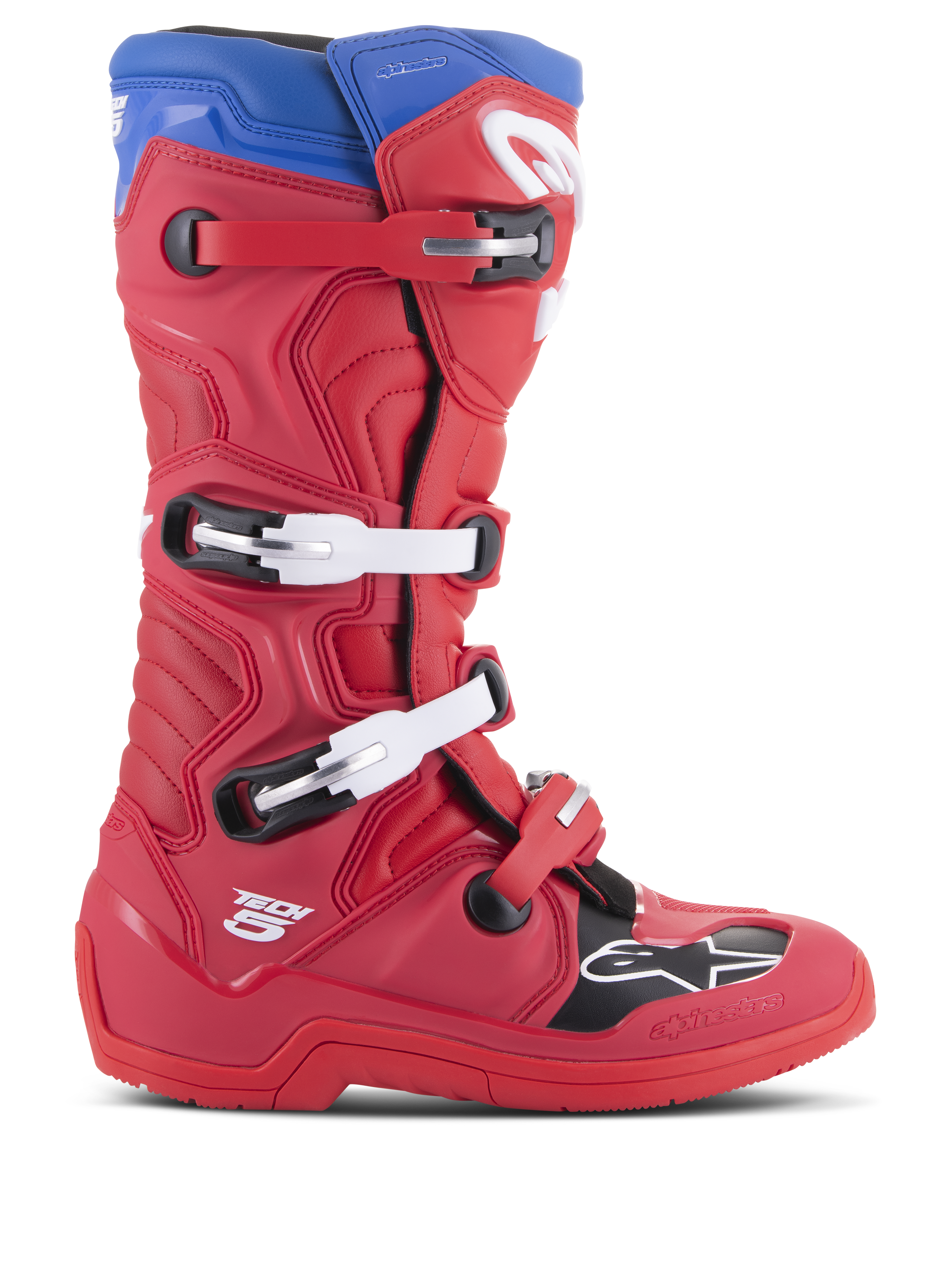 Stivali Alpinestars Tech 5, stivali da motocross, rosso acceso e blu alpino, profilo laterale con sistema di chiusura a quattro fibbie, punta rinforzata con pannello nero e logo bianco, telaio in microfibra resistente per protezione fuoristrada