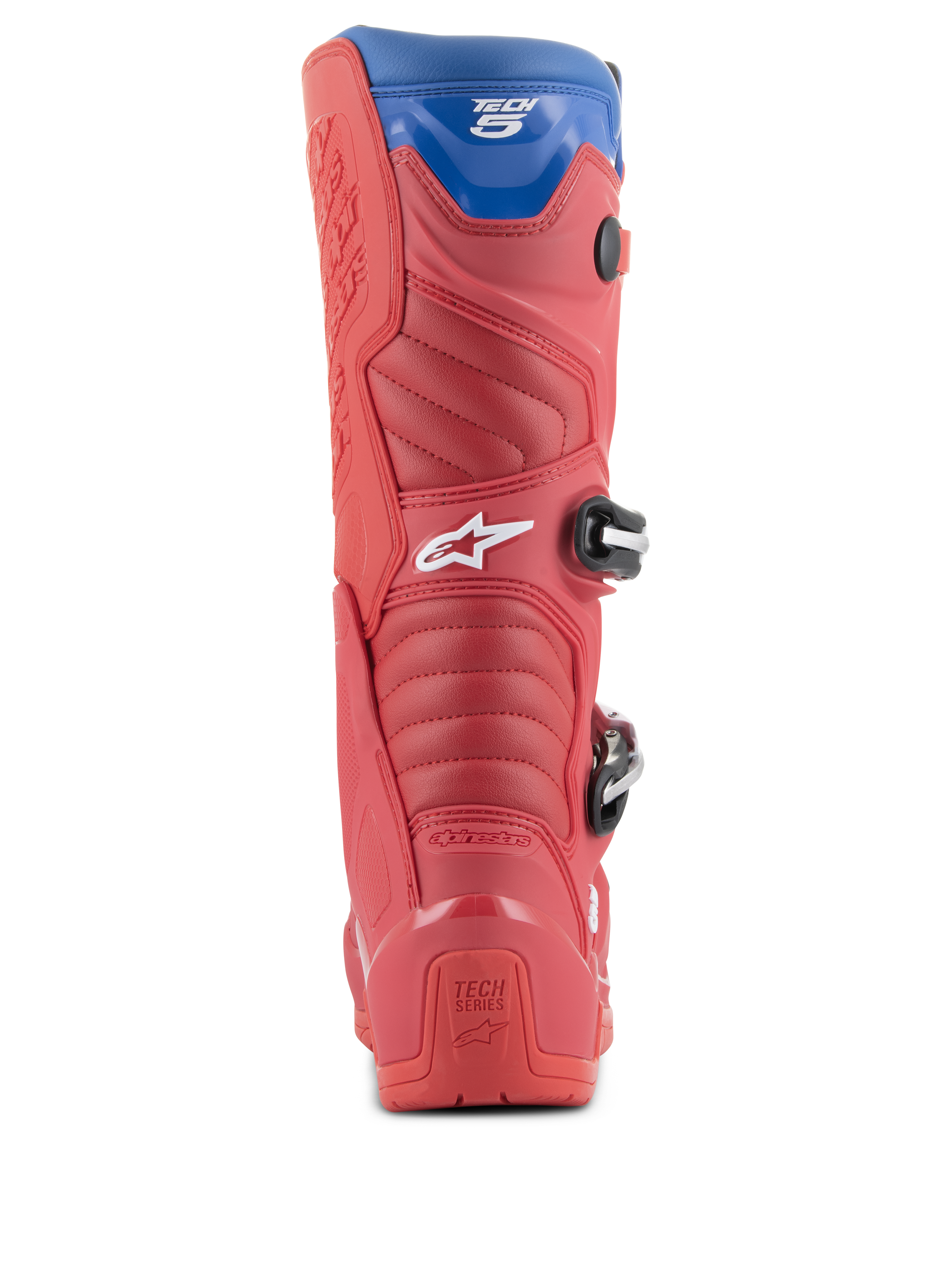 Alpinestars Tech 5 Boots, stivali da motocross, rosso acceso, rosso scuro e blu alpino, vista posteriore che mostra il tallone, zone di flessione a soffietto e ghetta superiore blu, con fibbie e marchio visibili
