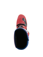 Stivali Alpinestars Tech 5, stivali da motocross, rosso brillante e blu Alpine, vista dall'alto dell'interno dello stivale, punta in microfibra rossa con logo Alpinestars, colletto imbottito blu, design resistente per corse off-road