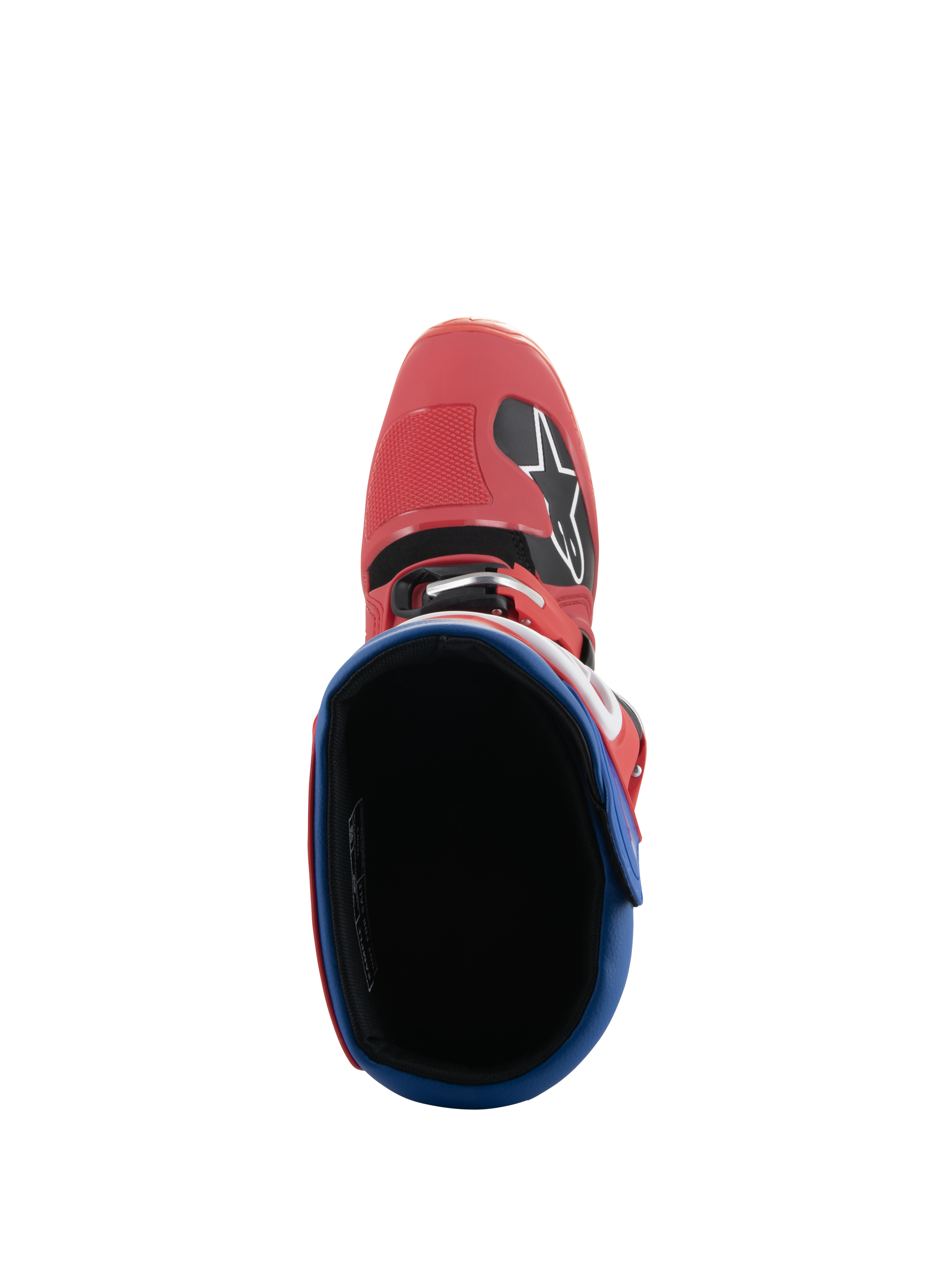 Stivali Alpinestars Tech 5, stivali da motocross, rosso brillante e blu Alpine, vista dall'alto dell'interno dello stivale, punta in microfibra rossa con logo Alpinestars, colletto imbottito blu, design resistente per corse off-road