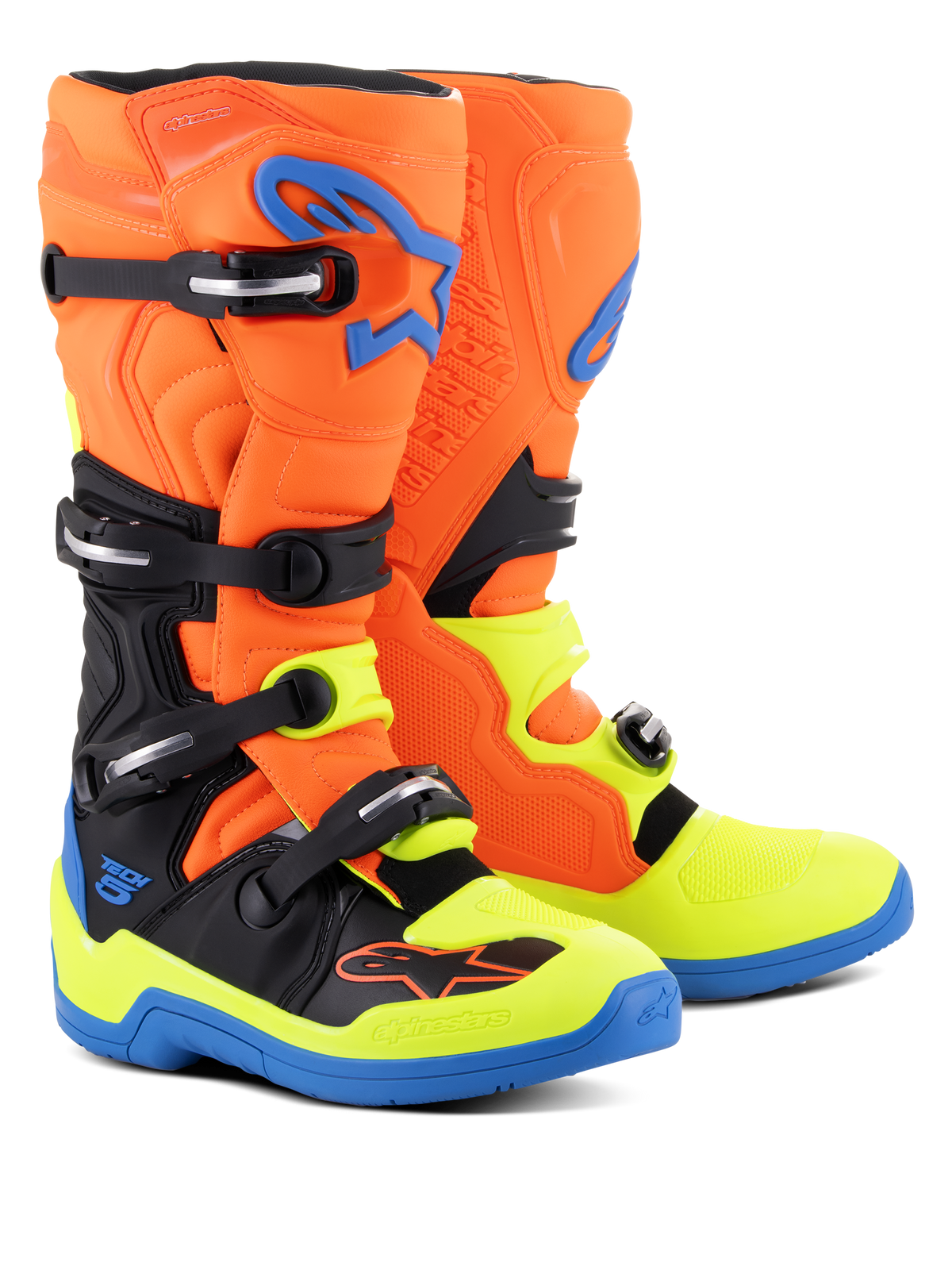 Stivali Alpinestars Tech 5, stivali da motocross, arancione fluo, blu smalto e giallo fluo, con sistema di chiusura a quattro fibbie, perno biomeccanico per la stabilità e design multicolore vivace per la guida off-road