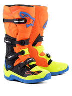 Stivali Alpinestars Tech 5, stivali da motocross, arancione fluo, blu smalto e giallo fluo, con sistema di chiusura a quattro fibbie, perno biomeccanico per la stabilità e design multicolore vivace per la guida off-road