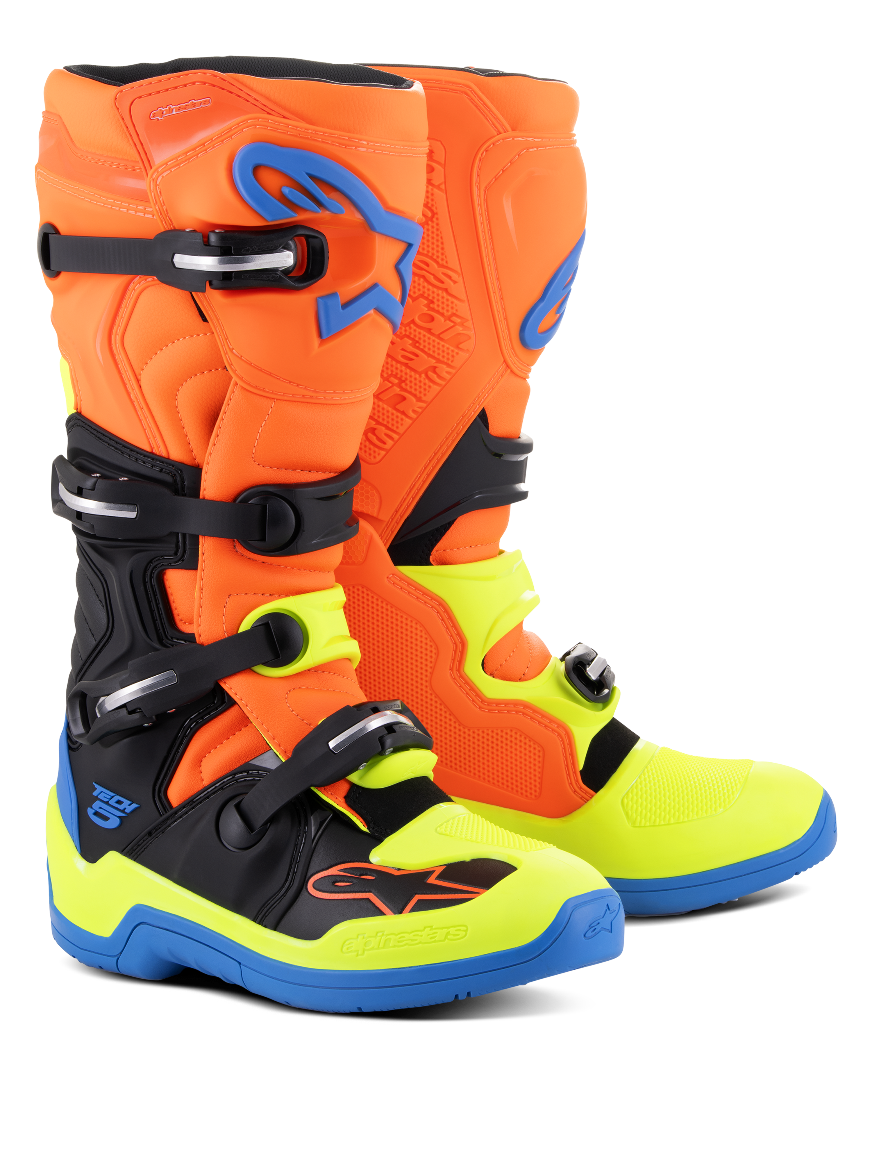 Stivali Alpinestars Tech 5, stivali da motocross, arancione fluo, blu smalto e giallo fluo, con sistema di chiusura a quattro fibbie, perno biomeccanico per la stabilità e design multicolore vivace per la guida off-road