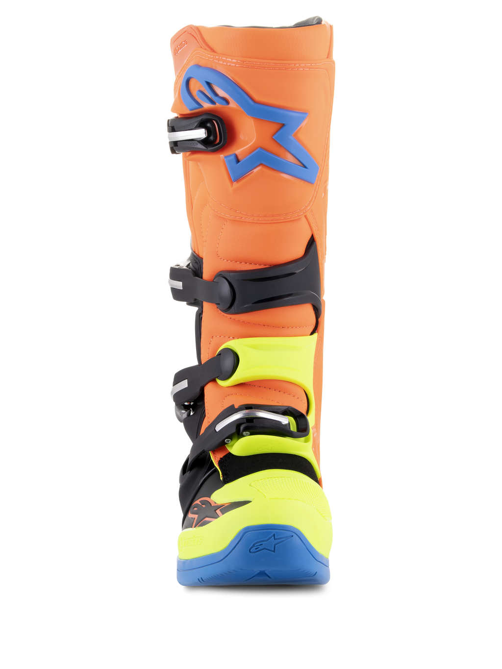 Alpinestars Tech 5 Boots, stivali da motocross, arancione fluo, blu e giallo fluo, vista frontale con sistema di chiusura a quattro fibbie, logo Alpinestars blu sulla tibia e dettagli giallo neon su punta e fibbie.