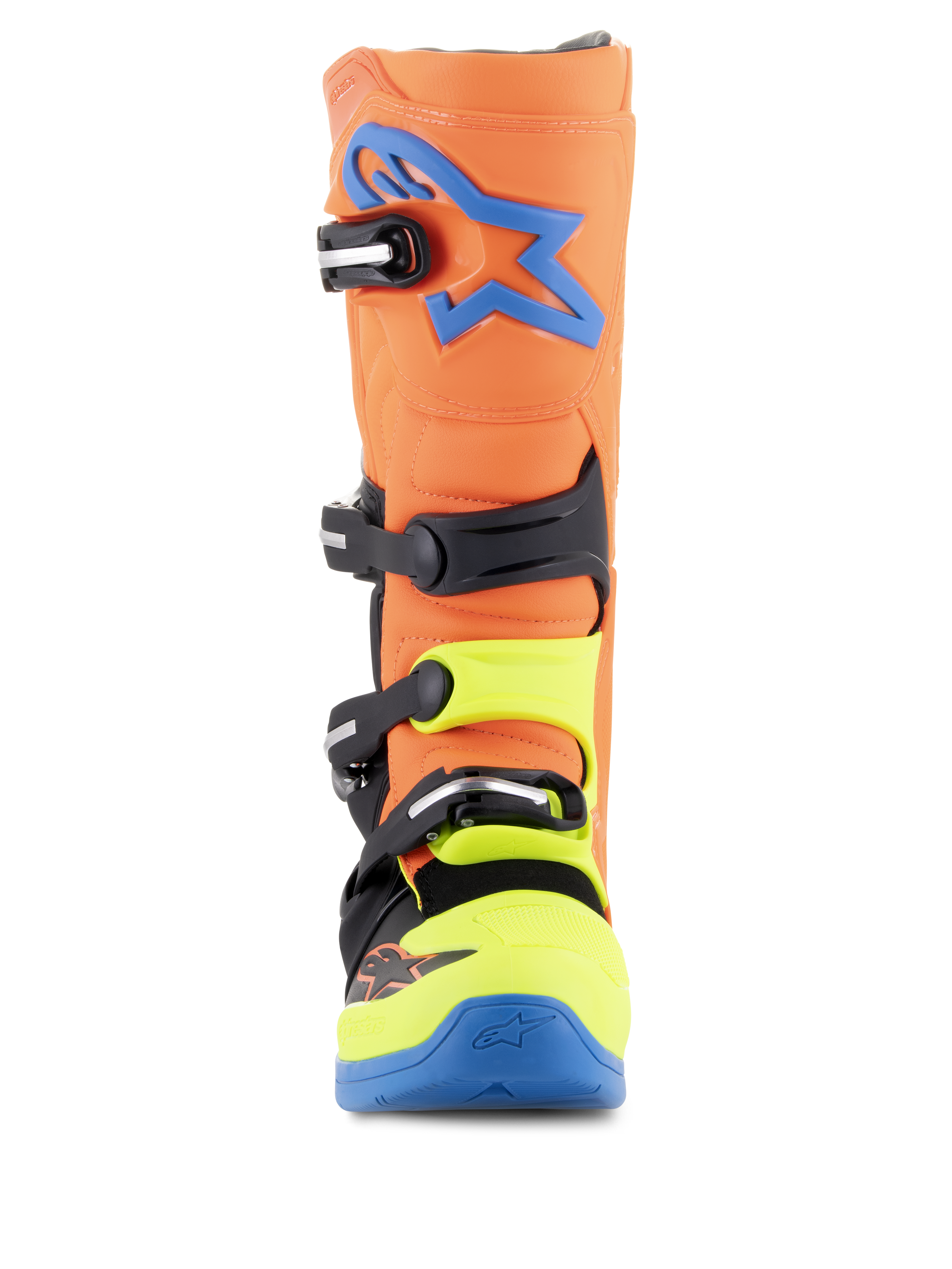 Alpinestars Tech 5 Boots, stivali da motocross, arancione fluo, blu e giallo fluo, vista frontale con sistema di chiusura a quattro fibbie, logo Alpinestars blu sulla tibia e dettagli giallo neon su punta e fibbie.
