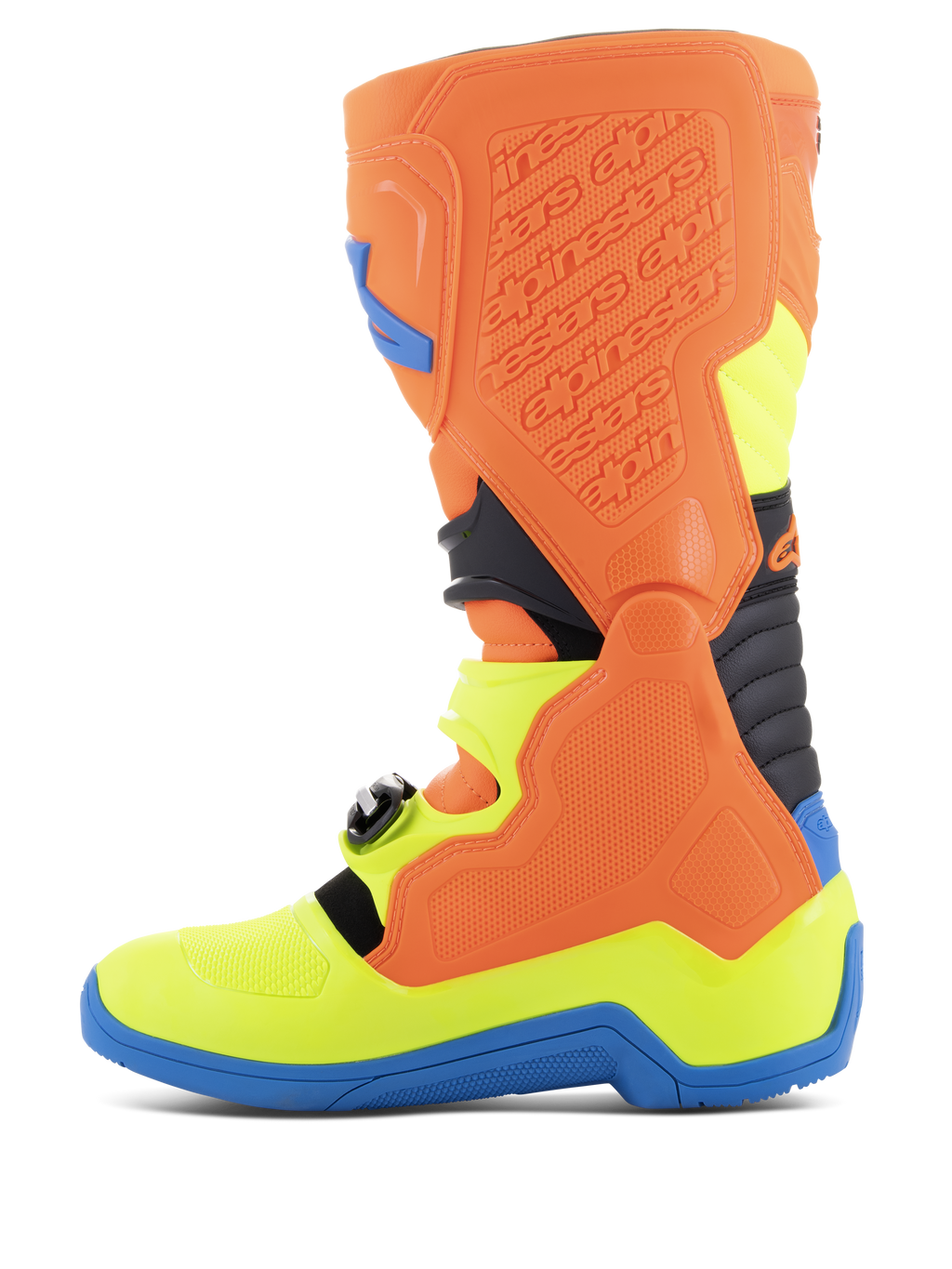 Stivali Alpinestars Tech 5, stivali da motocross, arancione fluo, blu smalto e giallo fluo, vista laterale di profilo che mostra il sistema di pivot biomeccanico, la struttura in polimero sagomato e il telaio in microfibra resistente per prestazioni off-road
