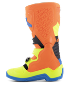 Stivali Alpinestars Tech 5, stivali da motocross, arancione fluo, blu smalto e giallo fluo, vista laterale di profilo che mostra il sistema di pivot biomeccanico, la struttura in polimero sagomato e il telaio in microfibra resistente per prestazioni off-road