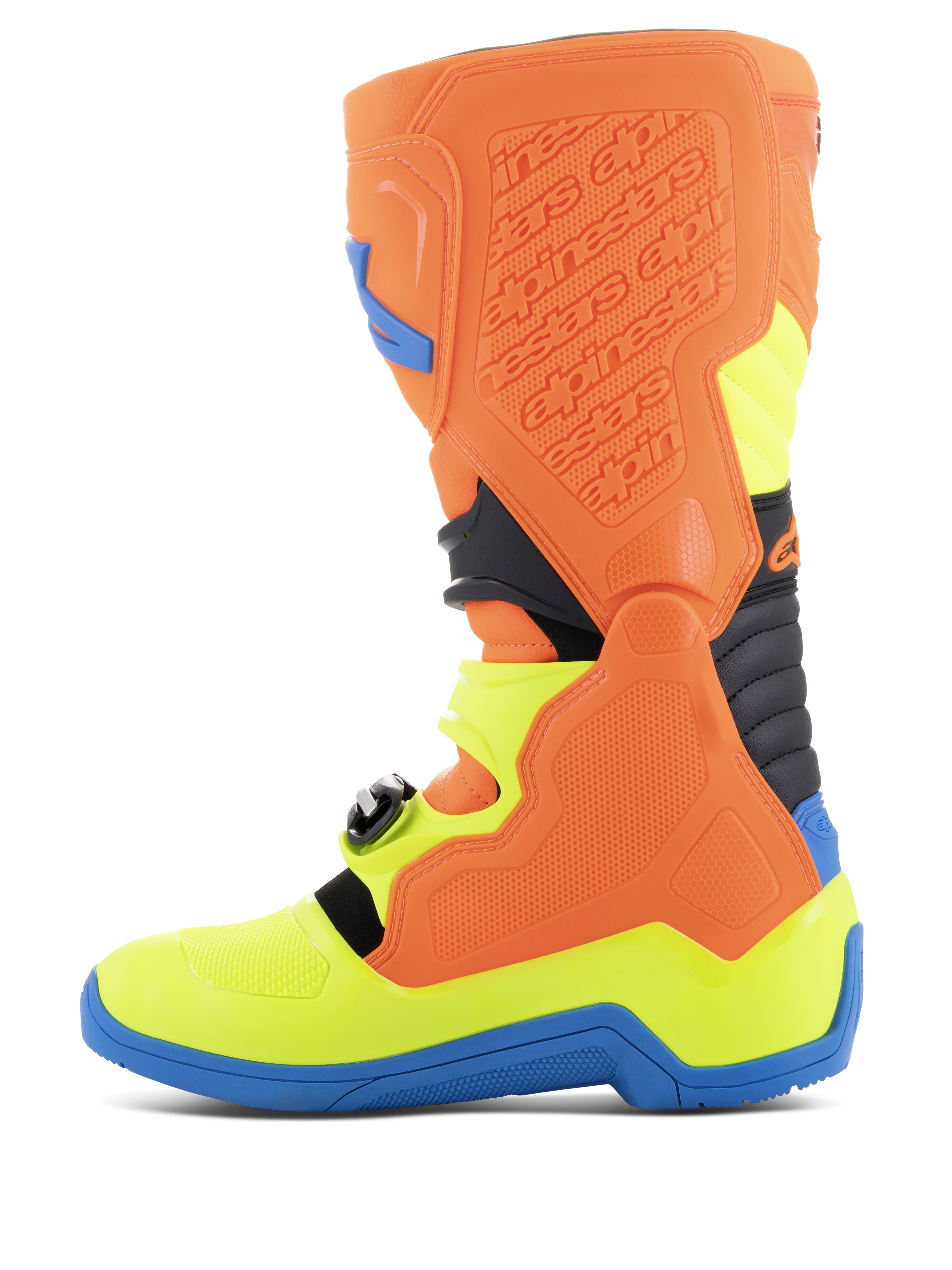 Stivali Alpinestars Tech 5, stivali da motocross, arancione fluo, blu smalto e giallo fluo, vista laterale di profilo che mostra il sistema di pivot biomeccanico, la struttura in polimero sagomato e il telaio in microfibra resistente per prestazioni off-road