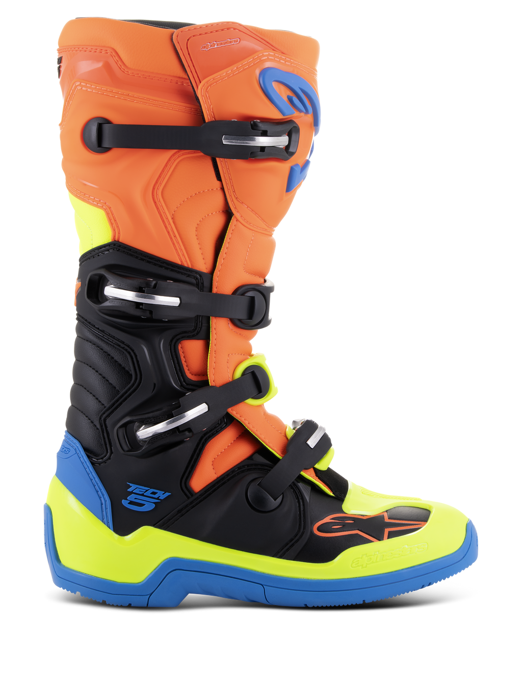 Alpinestars Tech 5 Boots, stivali da motocross racing, arancione fluo, blu smalto e giallo fluo con nero, sistema a quattro fibbie, costruzione in microfibra con perno biomeccanico e suola blu rinforzata