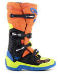 Alpinestars Tech 5 Boots, stivali da motocross racing, arancione fluo, blu smalto e giallo fluo con nero, sistema a quattro fibbie, costruzione in microfibra con perno biomeccanico e suola blu rinforzata
