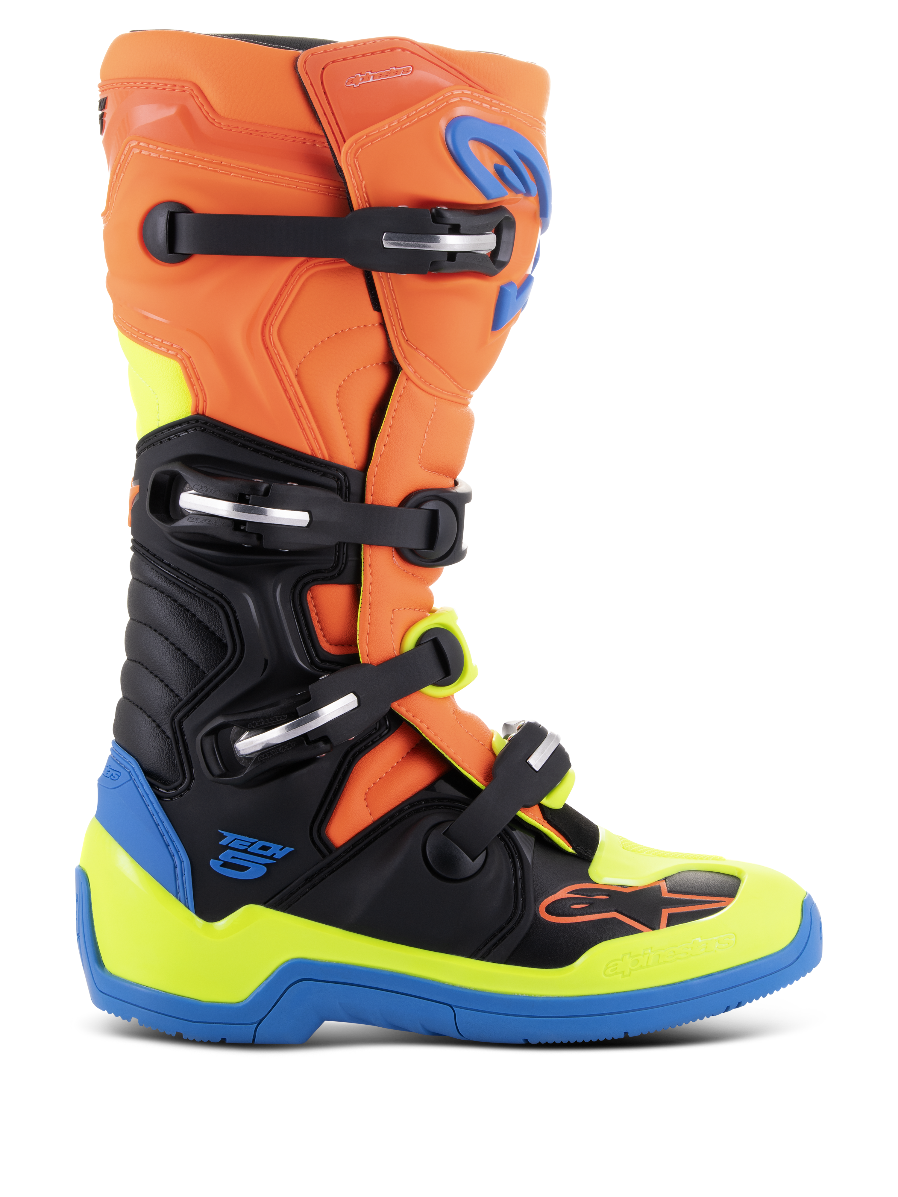 Alpinestars Tech 5 Boots, stivali da motocross racing, arancione fluo, blu smalto e giallo fluo con nero, sistema a quattro fibbie, costruzione in microfibra con perno biomeccanico e suola blu rinforzata