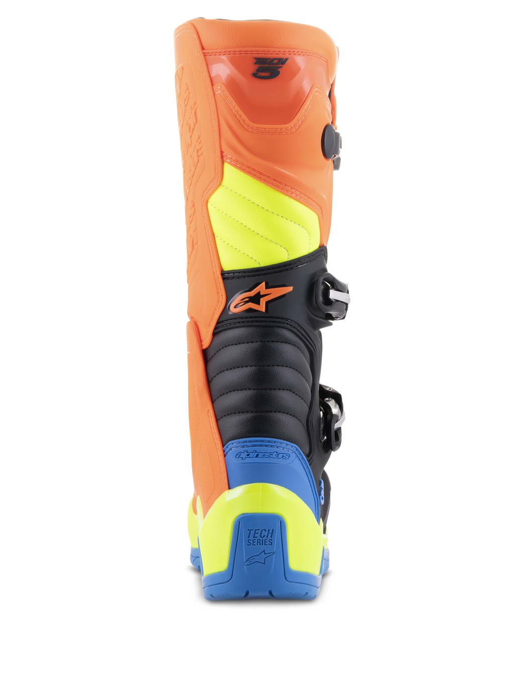 Stivali Alpinestars Tech 5, stivali da motocross, arancione fluo, blu smalto e giallo fluo, vista posteriore con zone di flessione a soffietto, resistente protezione del polpaccio in polimero e design a pannelli multicolore per gare fuoristrada