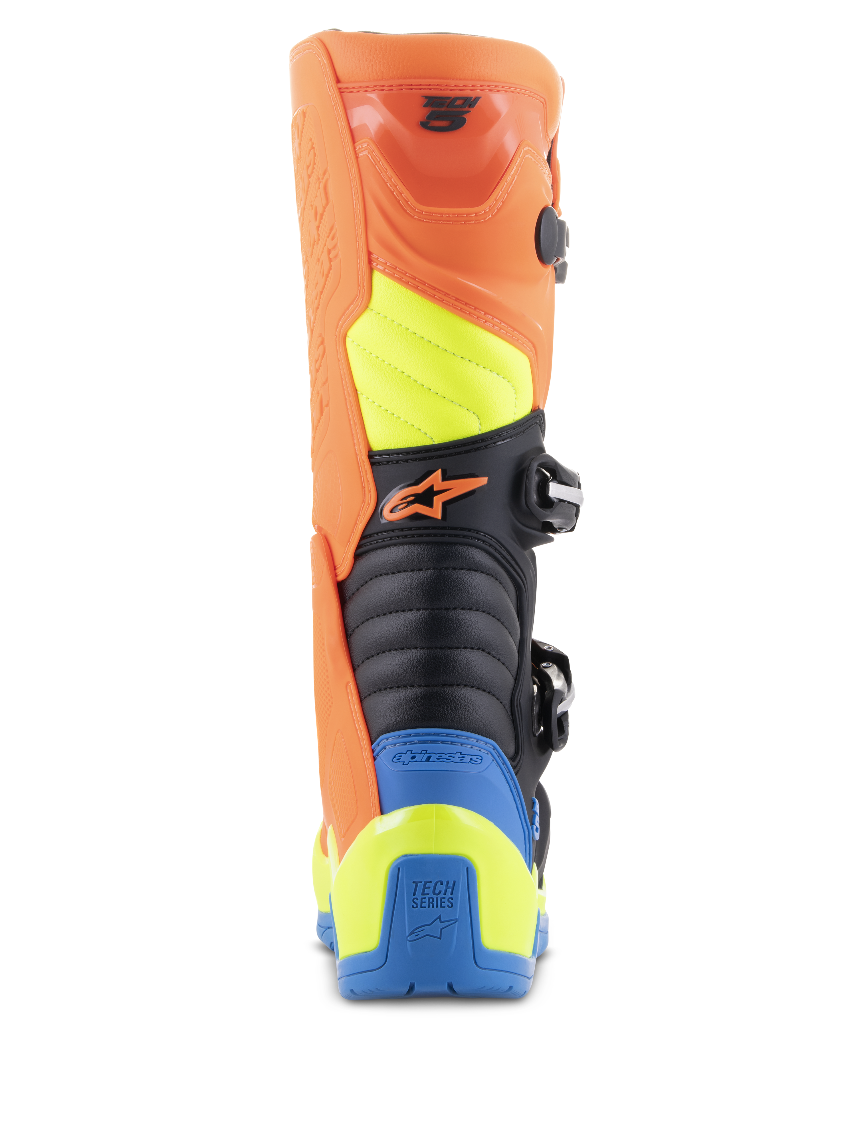 Stivali Alpinestars Tech 5, stivali da motocross, arancione fluo, blu smalto e giallo fluo, vista posteriore con zone di flessione a soffietto, resistente protezione del polpaccio in polimero e design a pannelli multicolore per gare fuoristrada