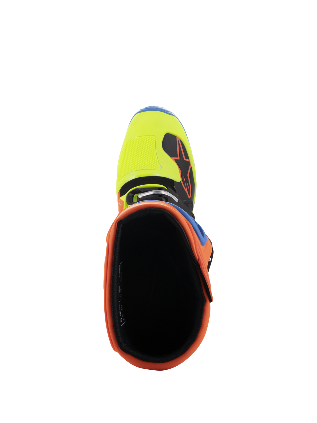 Stivali Alpinestars Tech 5, vista dall'alto dell'apertura, con colletto arancione fluo e punta giallo fluo, fodera interna nera, calzature resistenti per motocross e fuoristrada