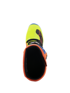 Stivali Alpinestars Tech 5, vista dall'alto dell'apertura, con colletto arancione fluo e punta giallo fluo, fodera interna nera, calzature resistenti per motocross e fuoristrada