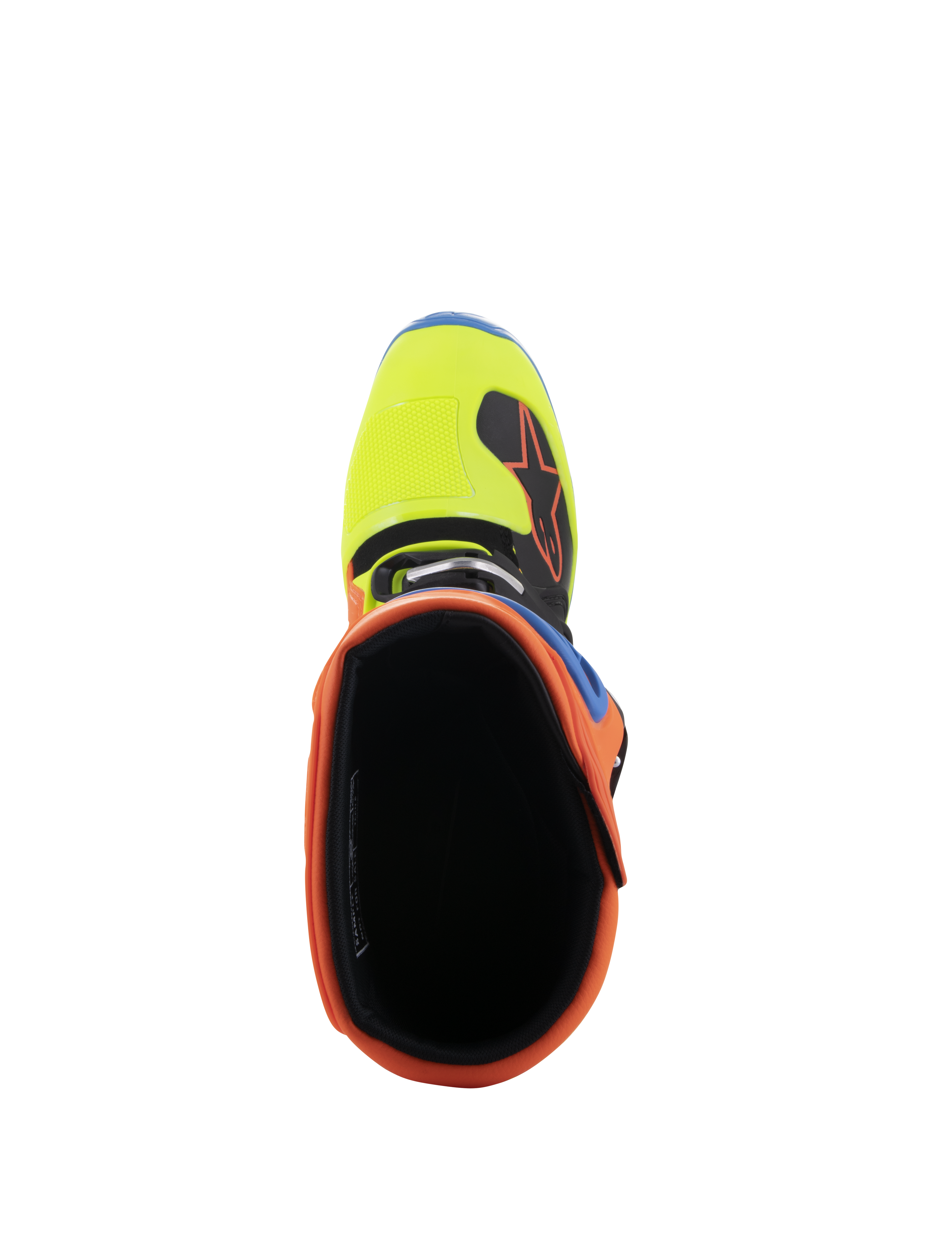 Stivali Alpinestars Tech 5, vista dall'alto dell'apertura, con colletto arancione fluo e punta giallo fluo, fodera interna nera, calzature resistenti per motocross e fuoristrada