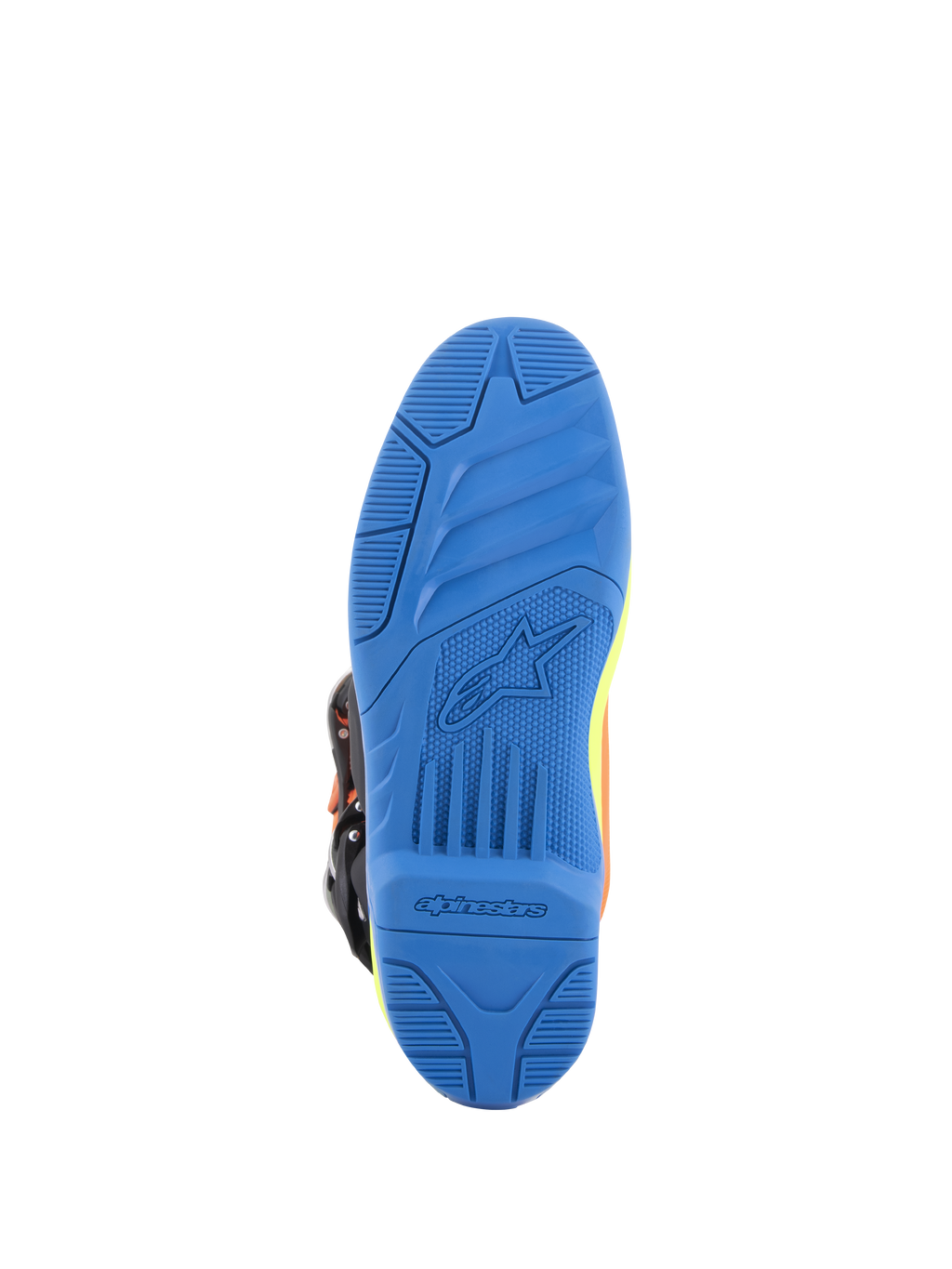 Stivali Alpinestars Tech 5, stivali da motocross, arancione fluo, blu smalto e giallo fluo, vista dettagliata dal basso della suola blu a doppia mescola con grip testurizzato e marchio Alpinestars