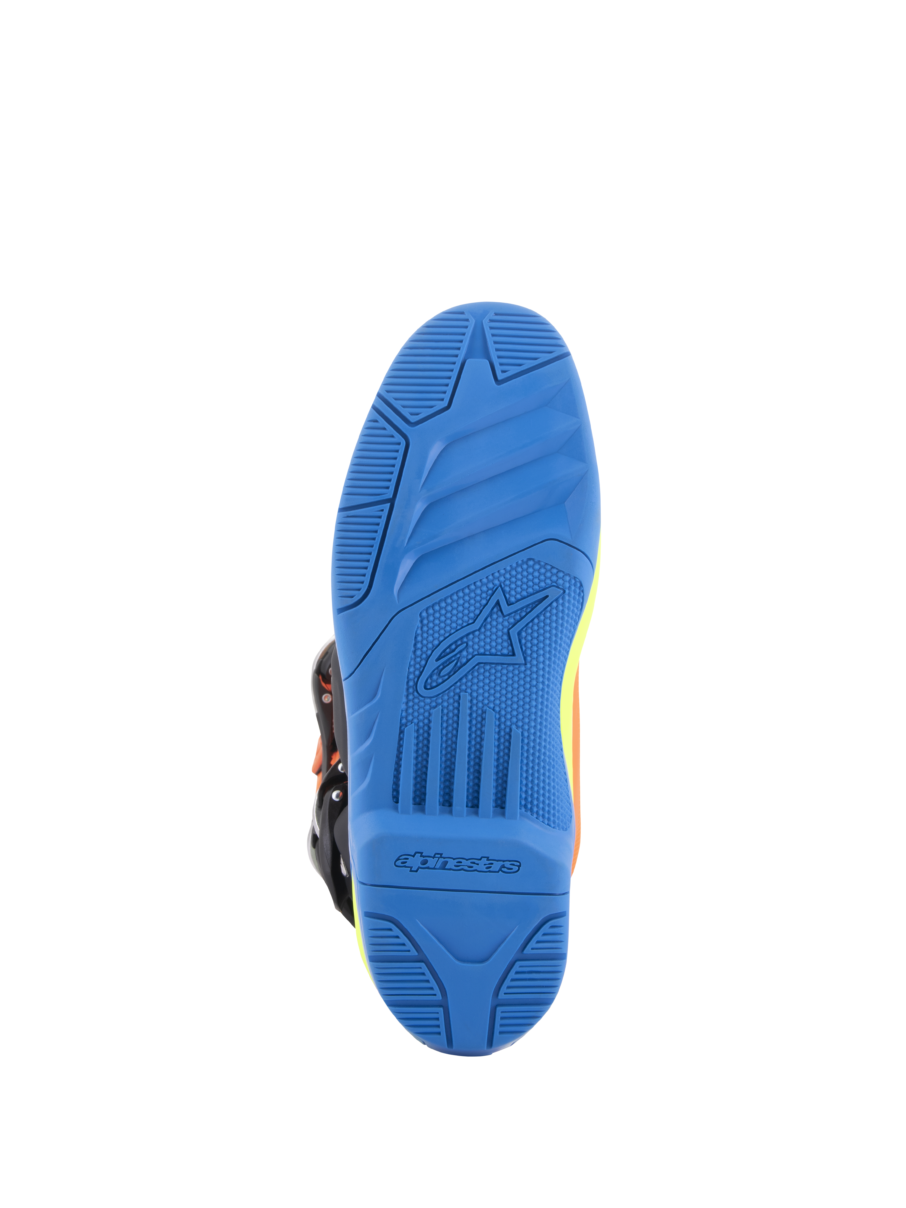 Stivali Alpinestars Tech 5, stivali da motocross, arancione fluo, blu smalto e giallo fluo, vista dettagliata dal basso della suola blu a doppia mescola con grip testurizzato e marchio Alpinestars