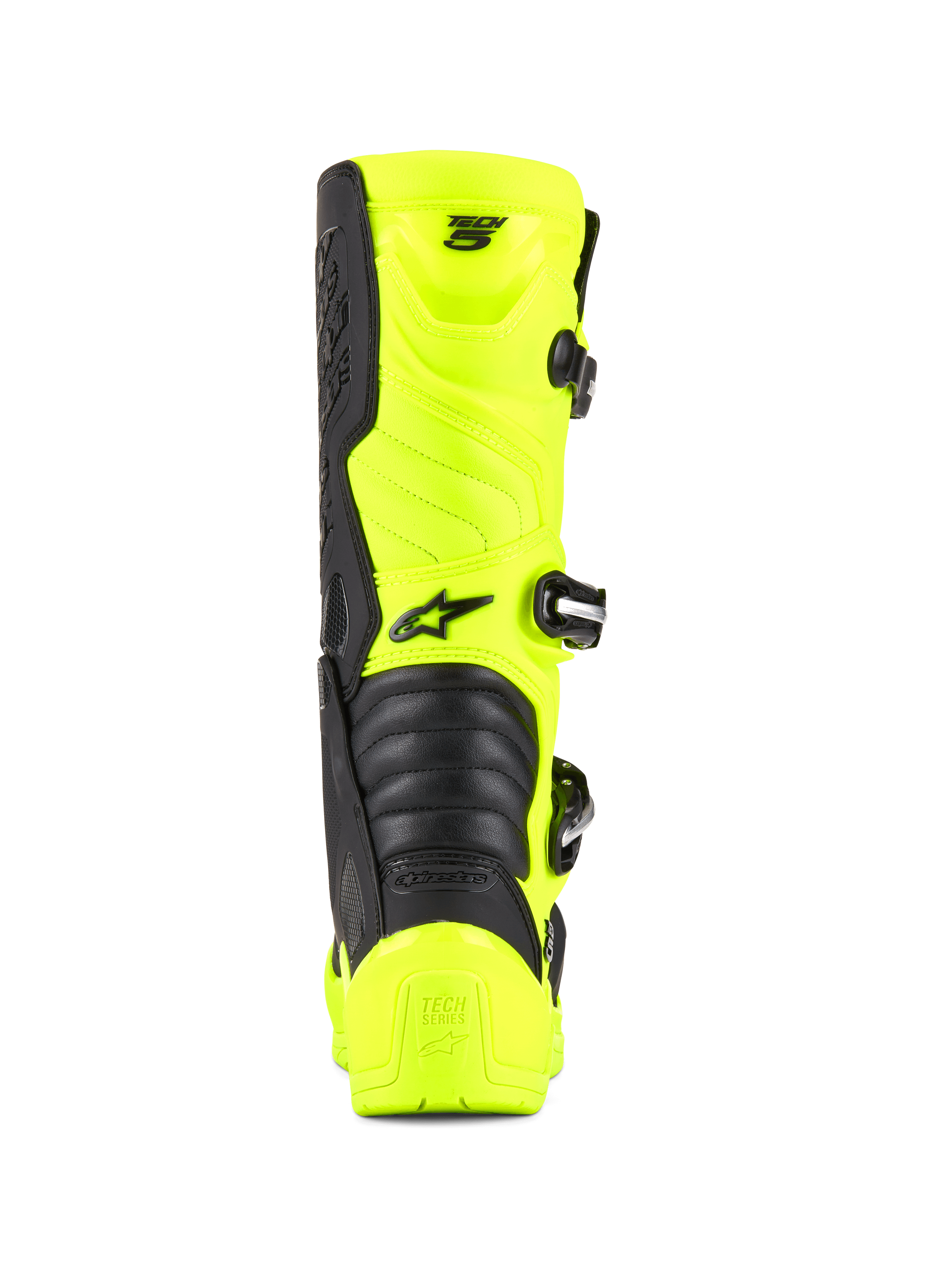 Stivali Alpinestars Tech 5, stivali da motocross e off-road, giallo fluo e nero, vista posteriore con protezione del tallone, sistema di chiusura a fibbie e zone di flessione a fisarmonica, design professionale per calzature da gara
