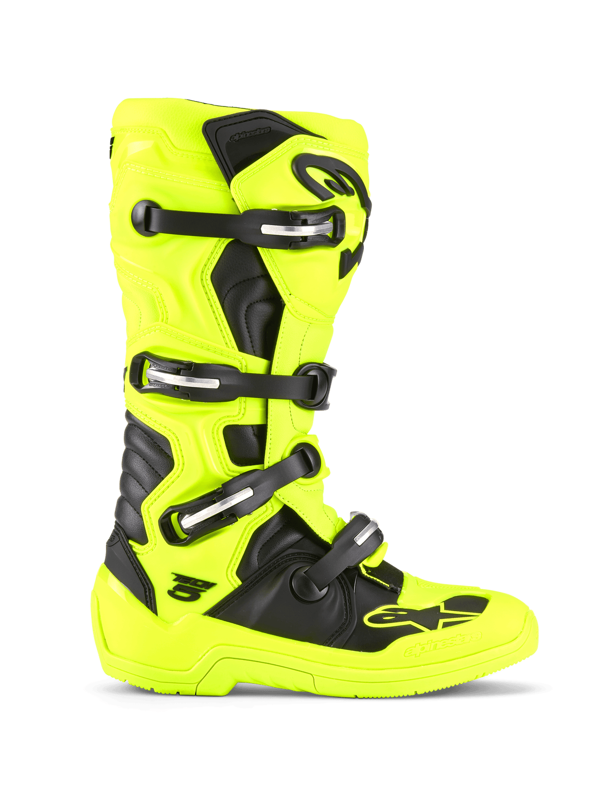 Stivali Alpinestars Tech 5, stivali da motocross e fuoristrada, giallo fluo e nero, sistema di chiusura a quattro fibbie, calotta protettiva in TPU, design a pivot biomeccanico, suola resistente per il racing