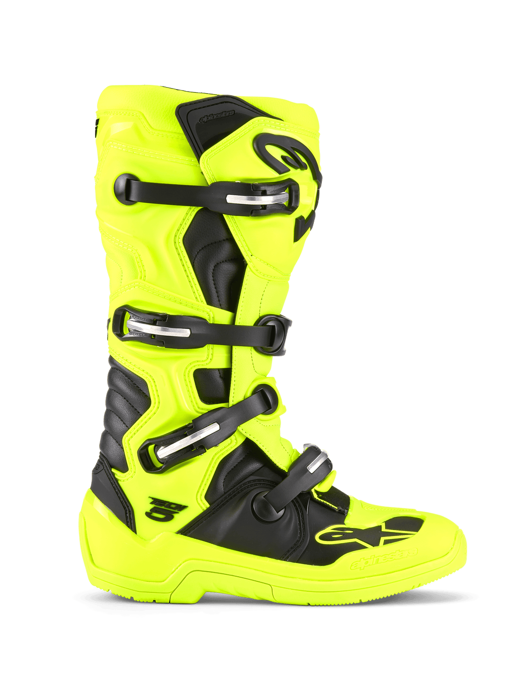Stivali Alpinestars Tech 5, stivali da motocross e fuoristrada, giallo fluo e nero, sistema di chiusura a quattro fibbie, calotta protettiva in TPU, design a pivot biomeccanico, suola resistente per il racing