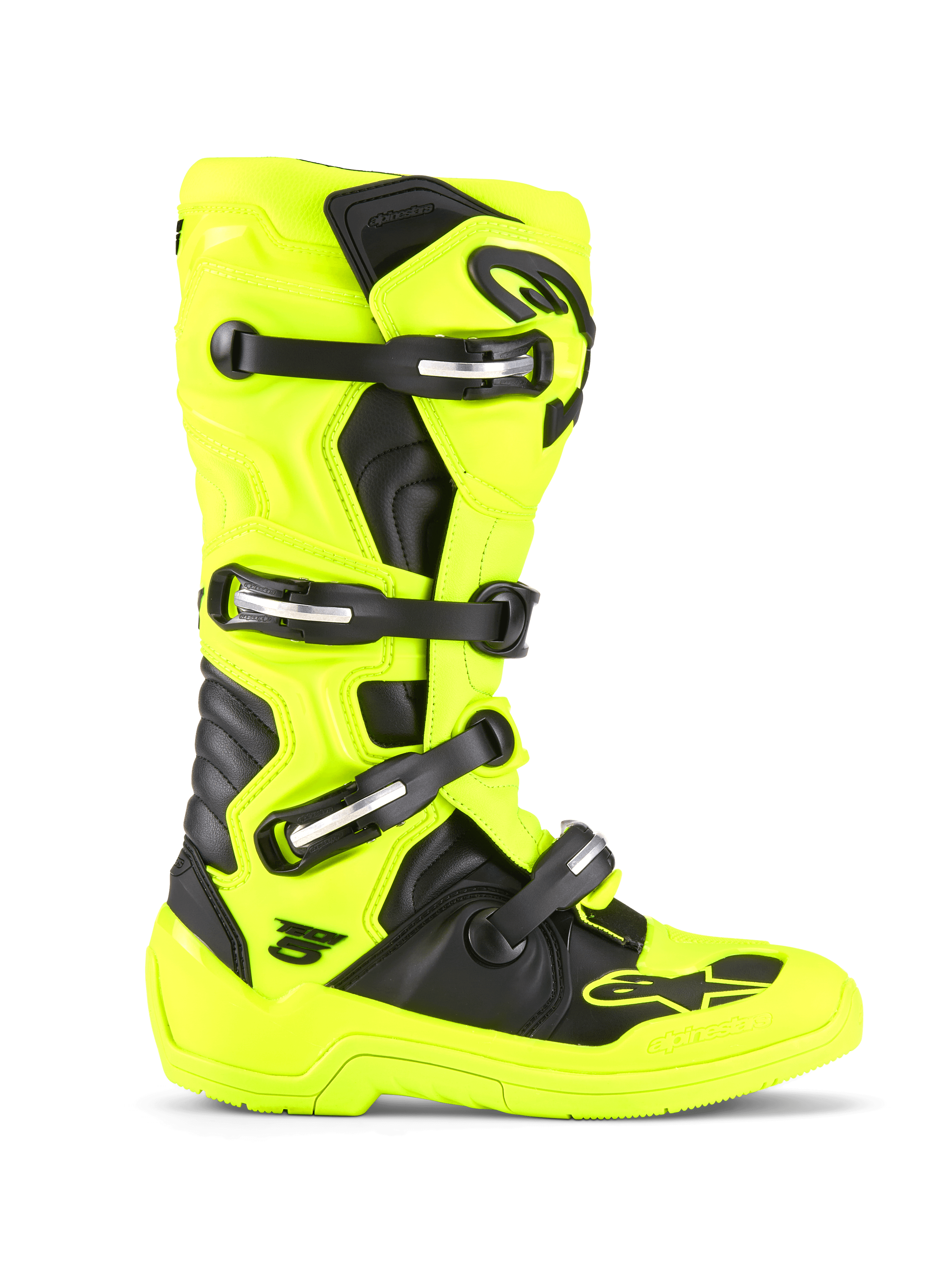 Stivali Alpinestars Tech 5, stivali da motocross e fuoristrada, giallo fluo e nero, sistema di chiusura a quattro fibbie, calotta protettiva in TPU, design a pivot biomeccanico, suola resistente per il racing