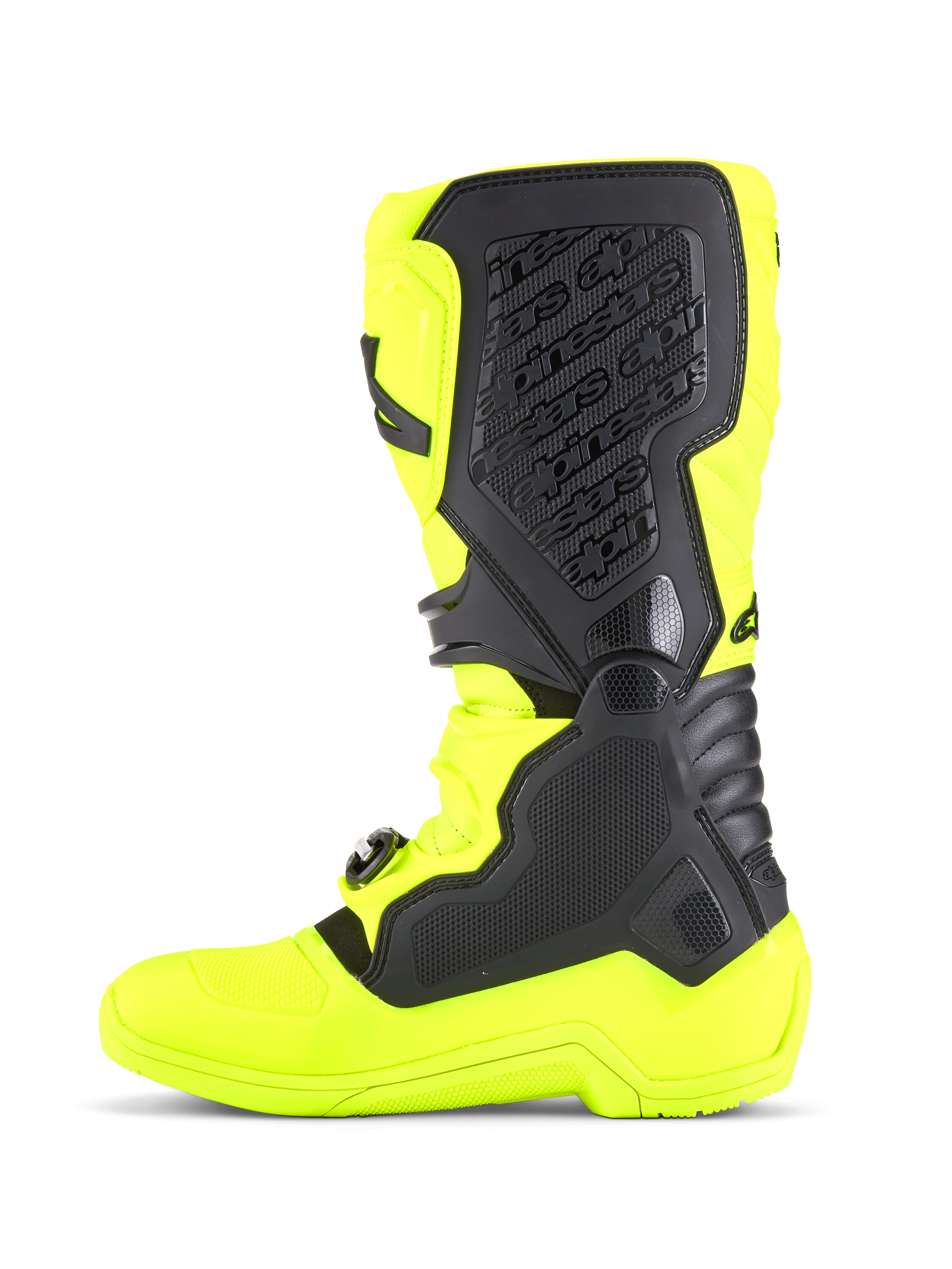 Stivali Alpinestars Tech 5, stivali da motocross, giallo fluo e nero, con vista laterale della struttura in microfibra resistente, pannelli protettivi in TPU e sistema di pivot biomeccanico mediale per la guida fuoristrada.