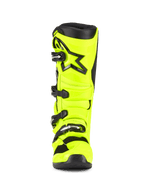 Stivali Alpinestars Tech 5, stivali da motocross, giallo fluo e nero, vista frontale con sistema di chiusura a quattro fibbie, placca tibiale rinforzata con logo a stella nero e robusta costruzione multi-materiale per corse fuoristrada