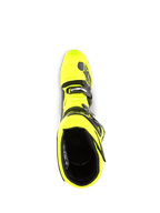 Stivali Alpinestars Tech 5, stivali da motocross, giallo fluo e nero, vista dall'alto dell'apertura dello stivale, fodera interna nera, sistema di chiusura a fibbia e dettagli del marchio, progettati per prestazioni off-road